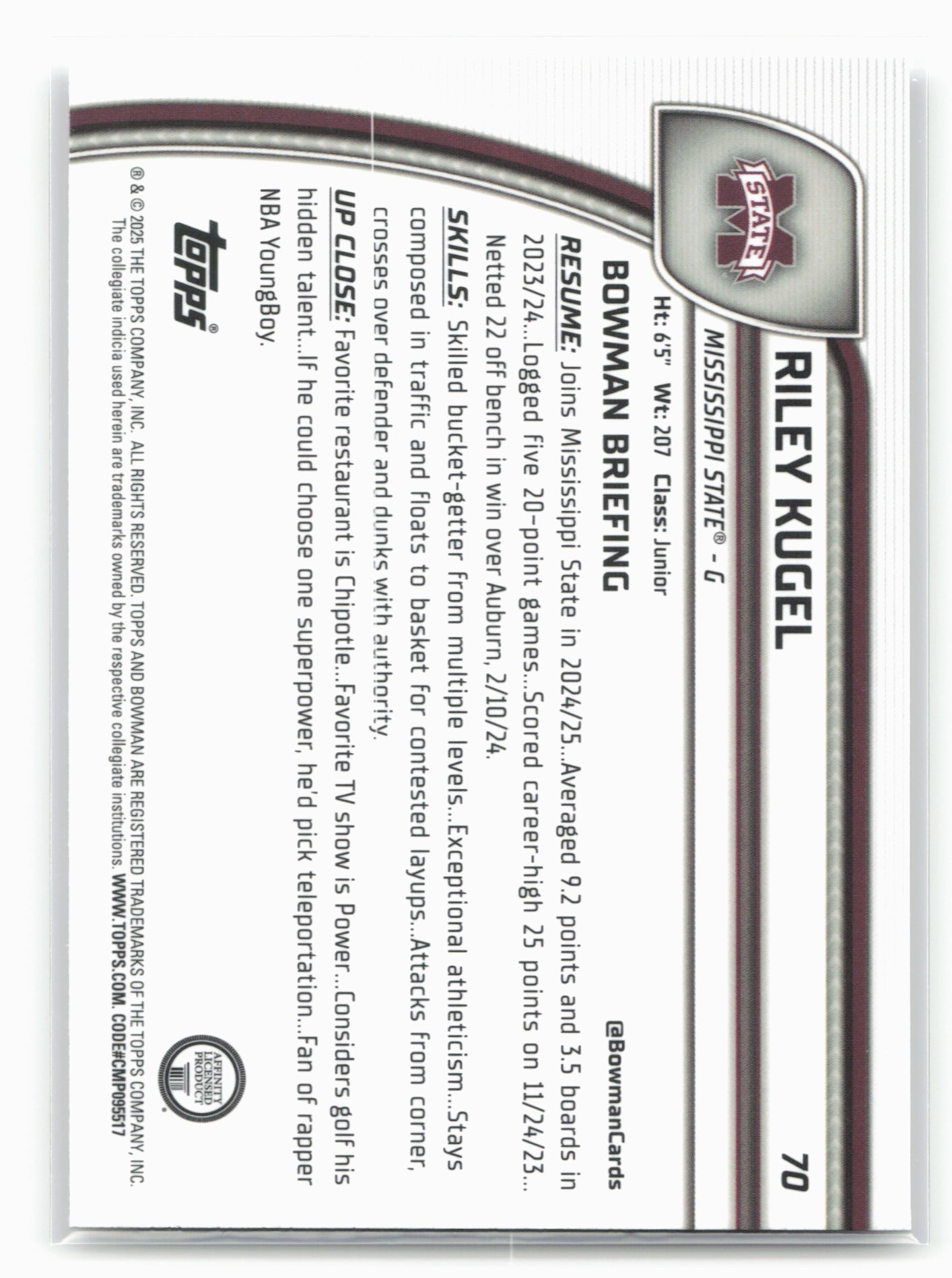 2024-25 Bowman University Chrome #70 Riley Kugel 17960