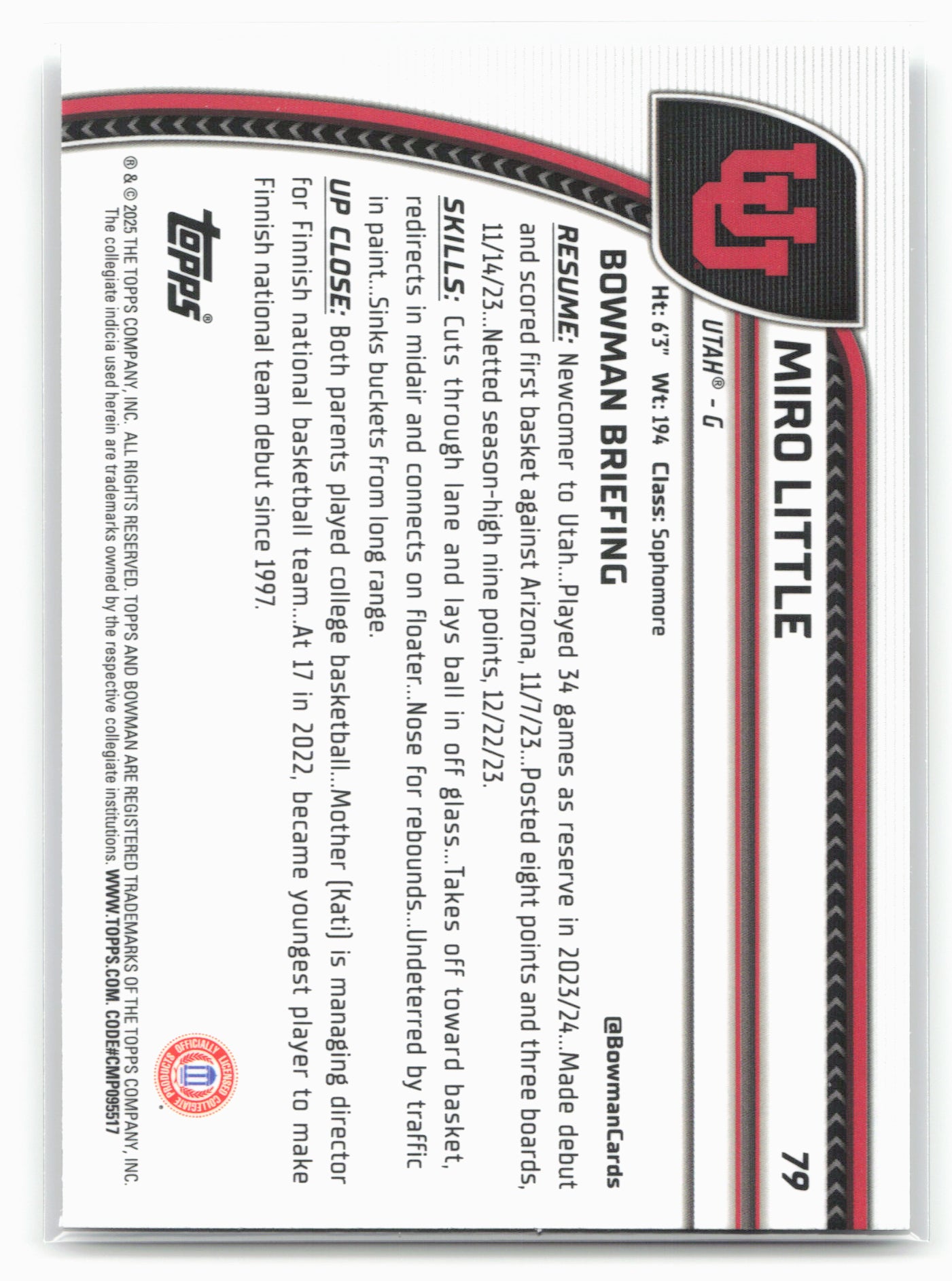 2024-25 Bowman University Chrome #79 Miro Little 17964