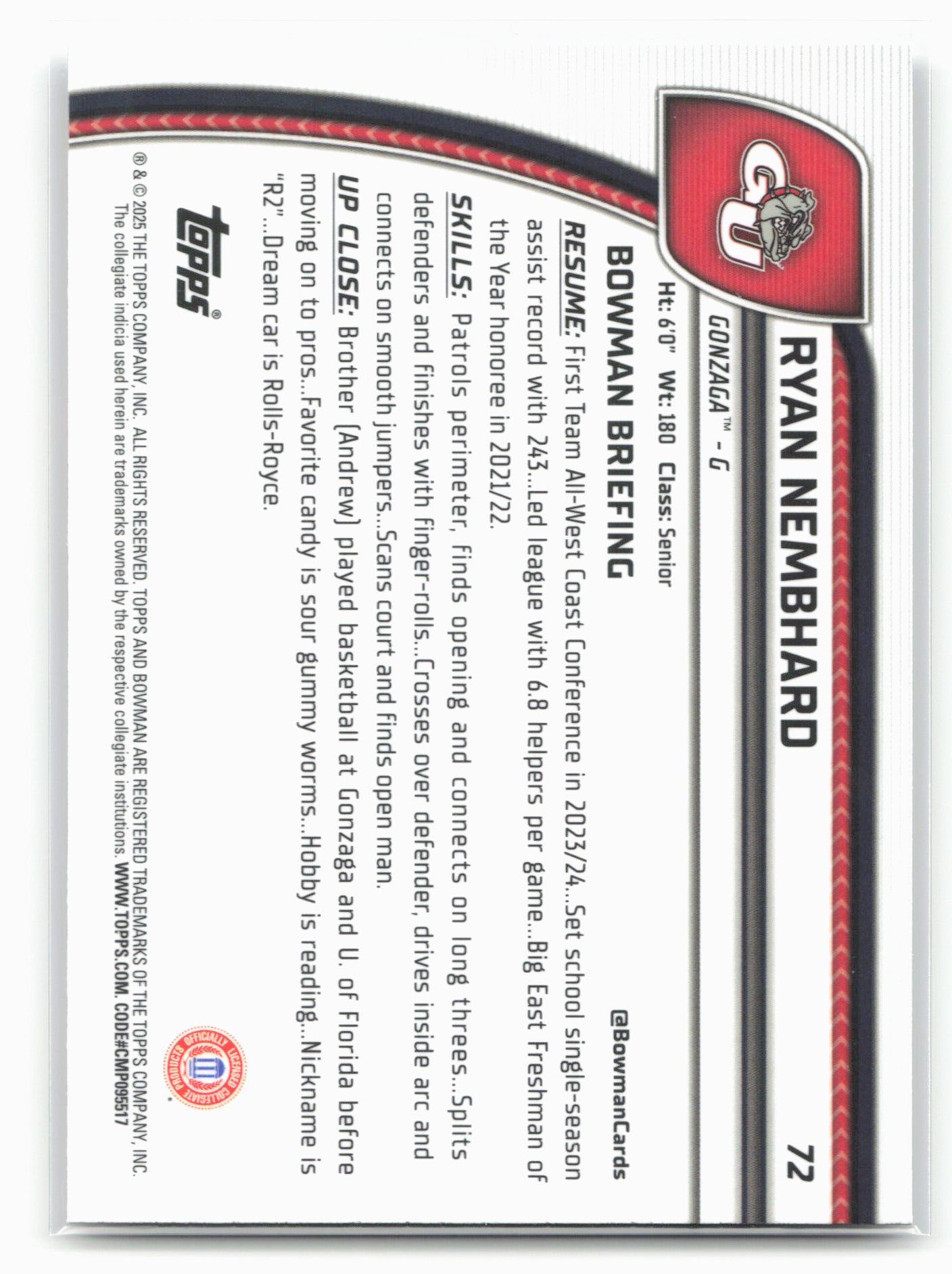 2024-25 Bowman University Chrome #72 Ryan Nembhard 17965