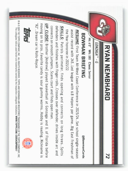2024-25 Bowman University Chrome #72 Ryan Nembhard 17965