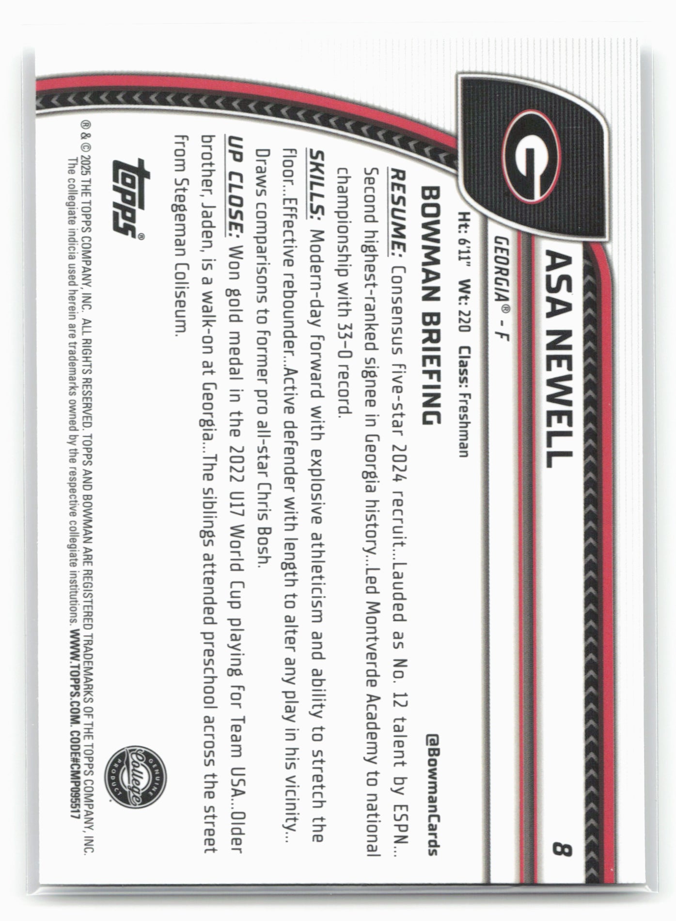 2024-25 Bowman University Chrome #8 Asa Newell 17966