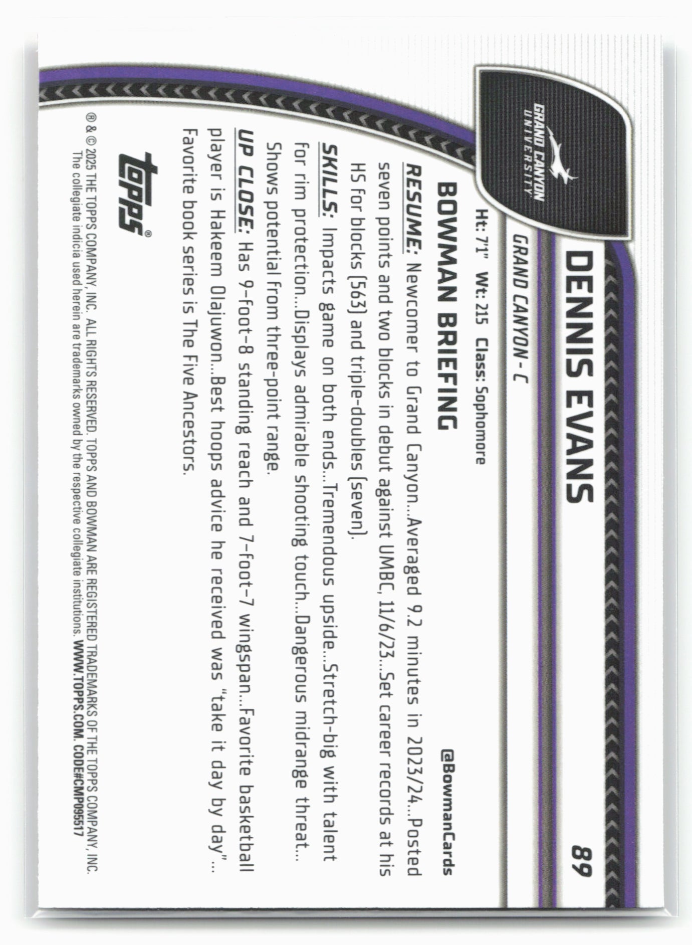 2024-25 Bowman University Chrome #89 Dennis Evans 17971