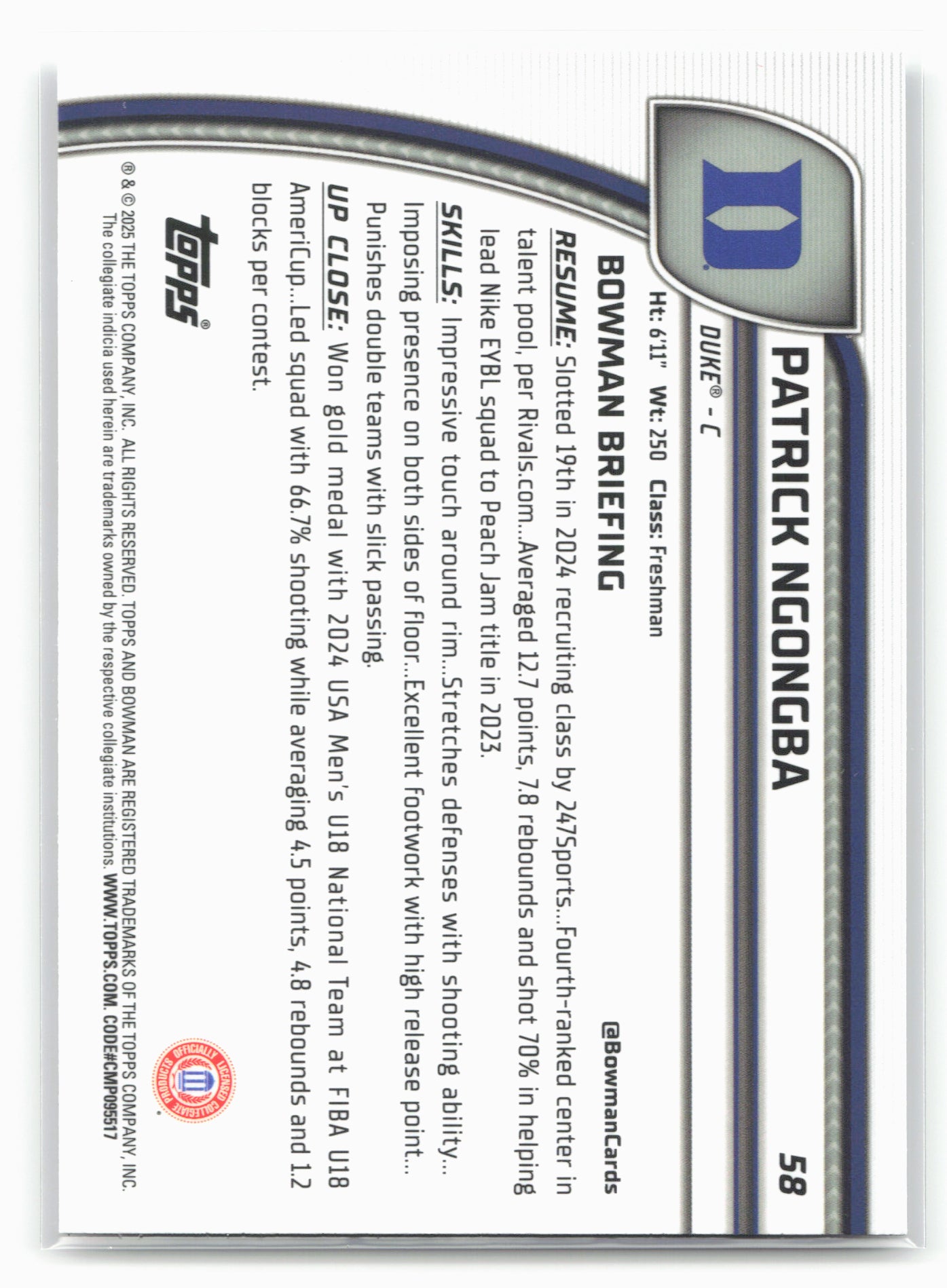 2024-25 Bowman University Chrome #58 Patrick Ngongba 17972