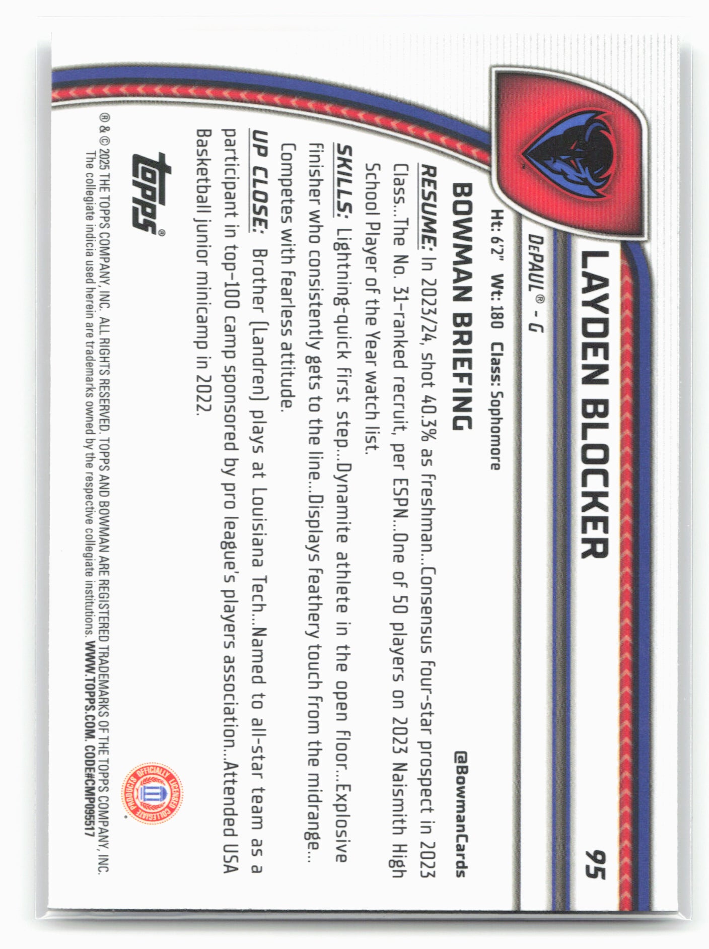 2024-25 Bowman University Chrome #95 Layden Blocker 17974