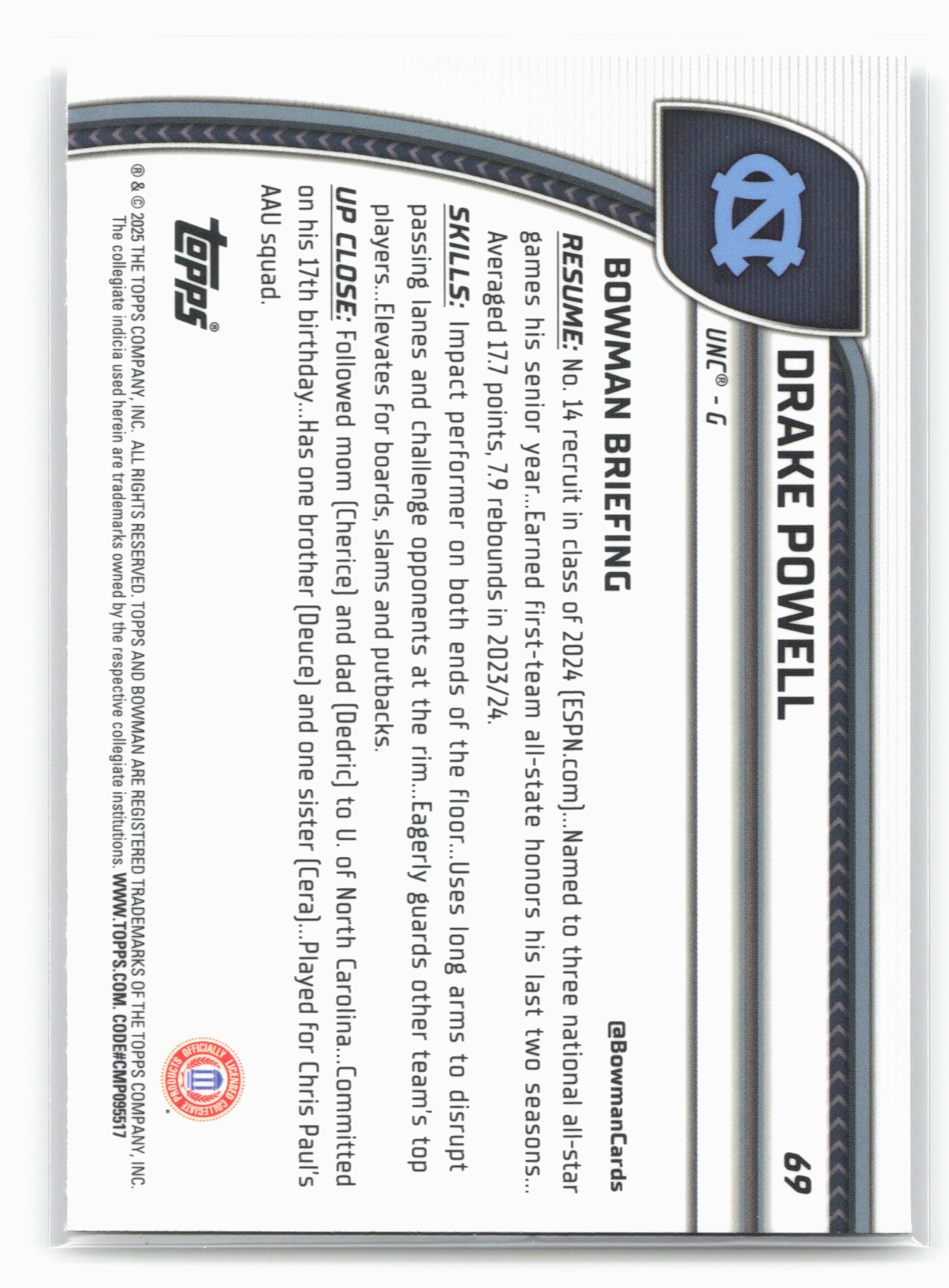 2024-25 Bowman University Chrome #69 Drake Powell 17976