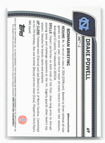 2024-25 Bowman University Chrome #69 Drake Powell 17976