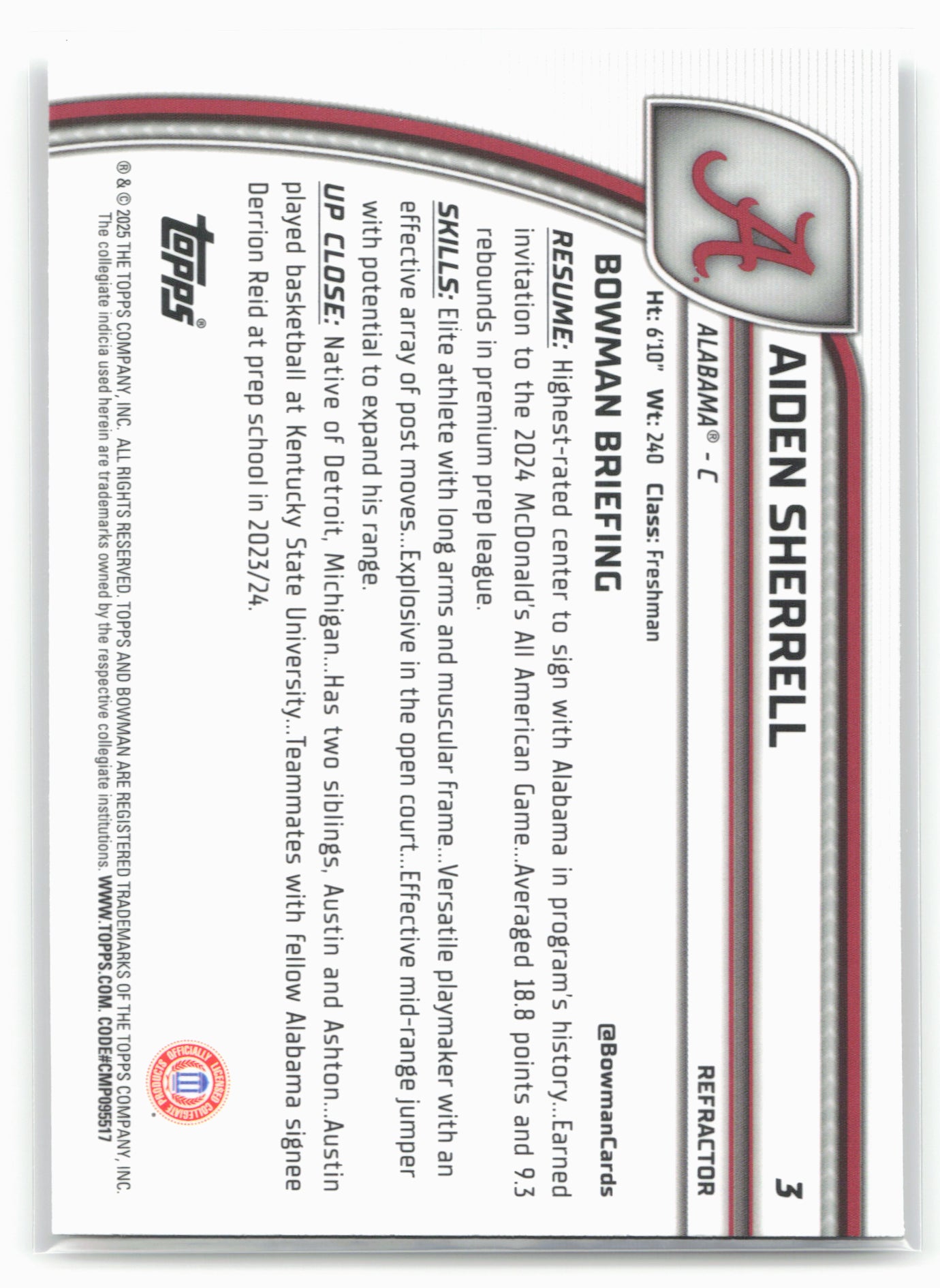 2024-25 Bowman University Chrome #3 Aiden Sherrell Refractor 17982