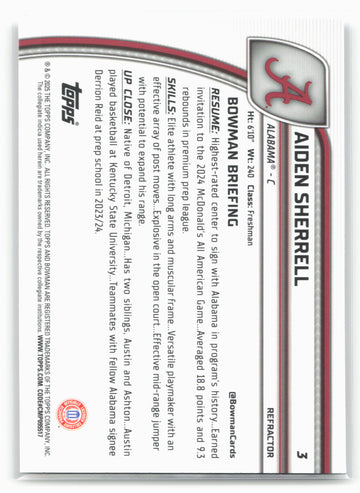 2024-25 Bowman University Chrome #3 Aiden Sherrell Refractor 17982