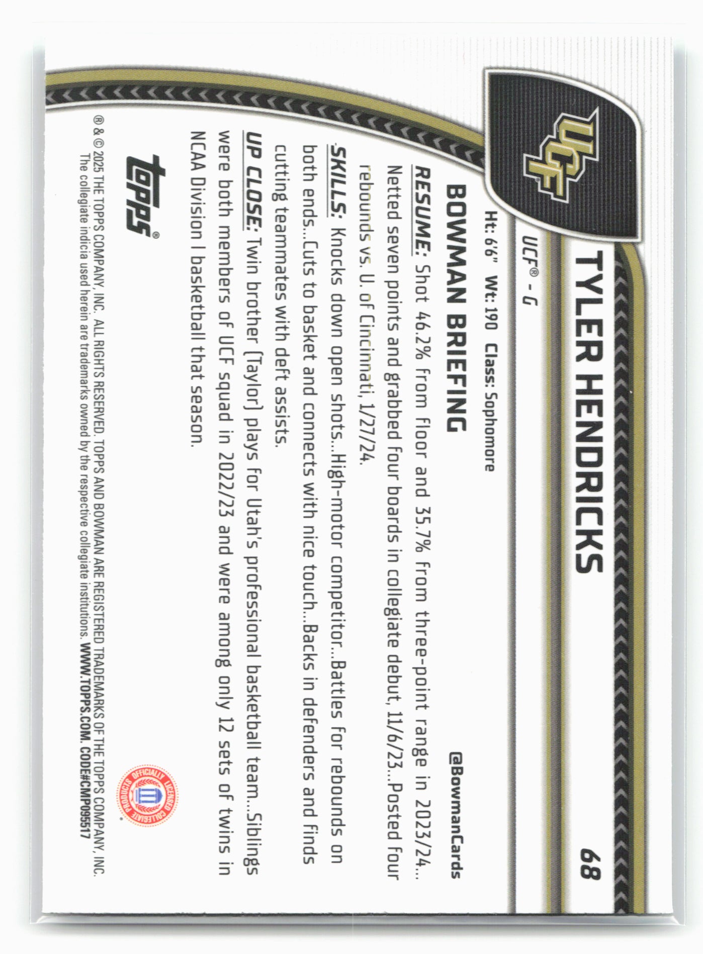 2024-25 Bowman University Chrome #68 Tyler Hendricks Aqua Wave Refractor #/299