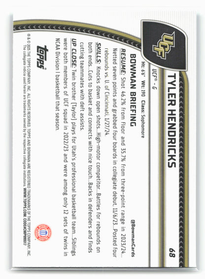 2024-25 Bowman University Chrome #68 Tyler Hendricks Aqua Wave Refractor #/299