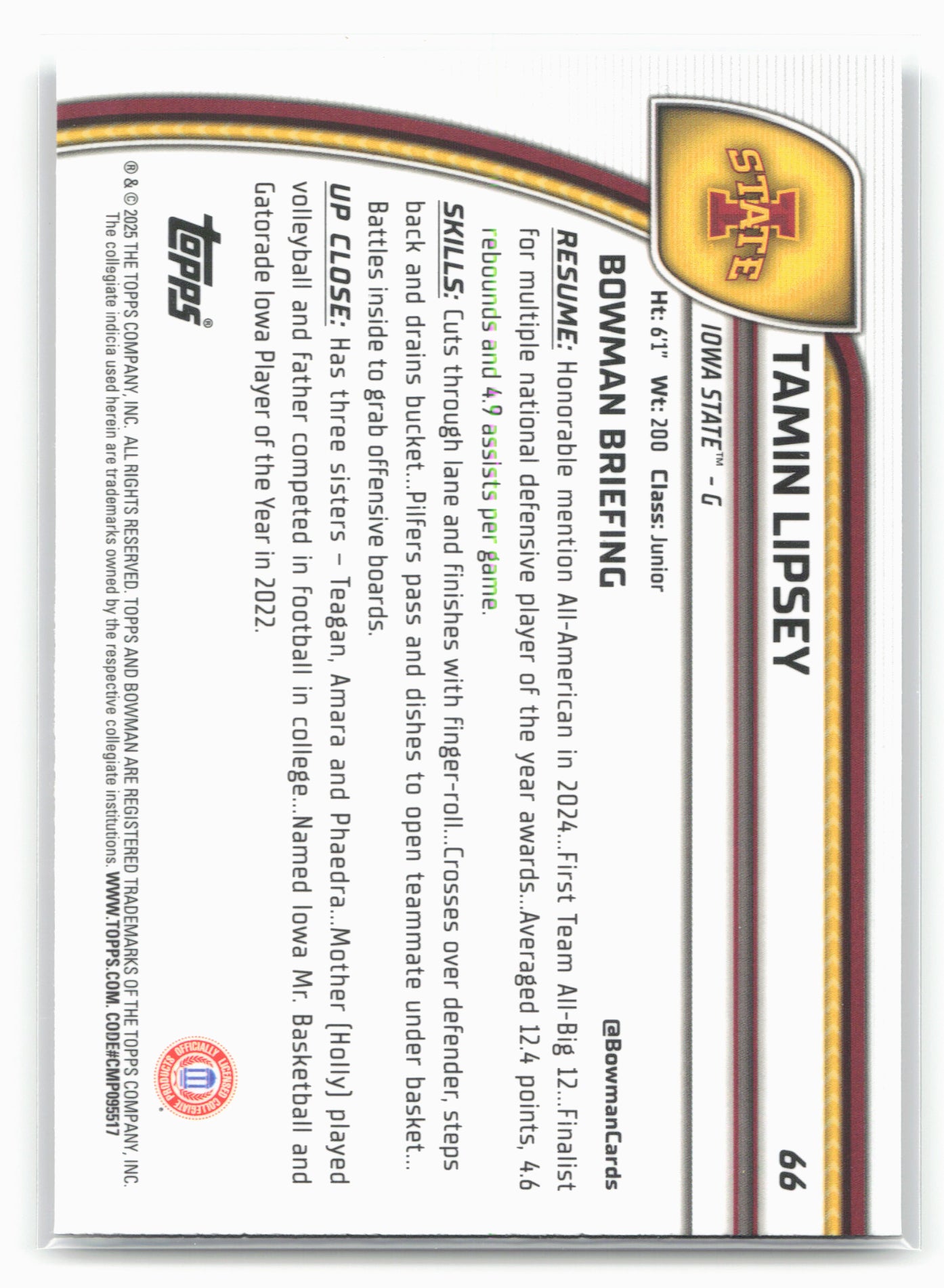 2024-25 Bowman University Chrome #66 Tamin Lipsey Blue Reptilian Refractor #/150