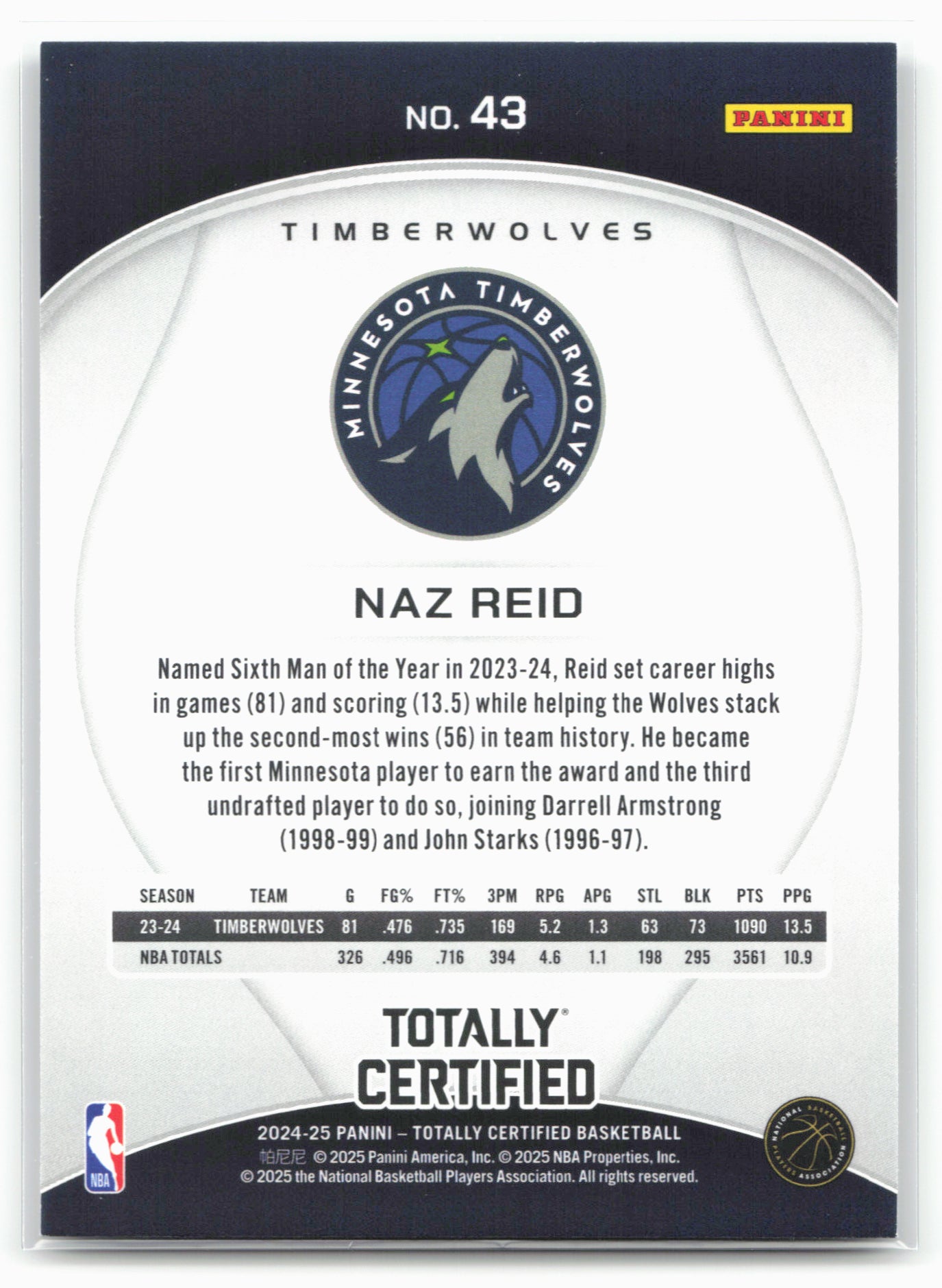 2024-25 Panini Totally Certified #43 Naz Reid 18390