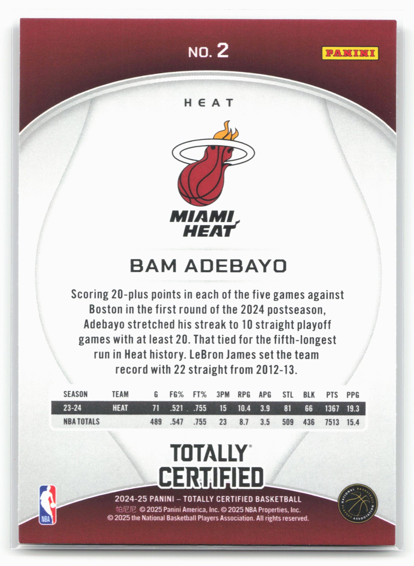 2024-25 Panini Totally Certified #2 Bam Adebayo 18391