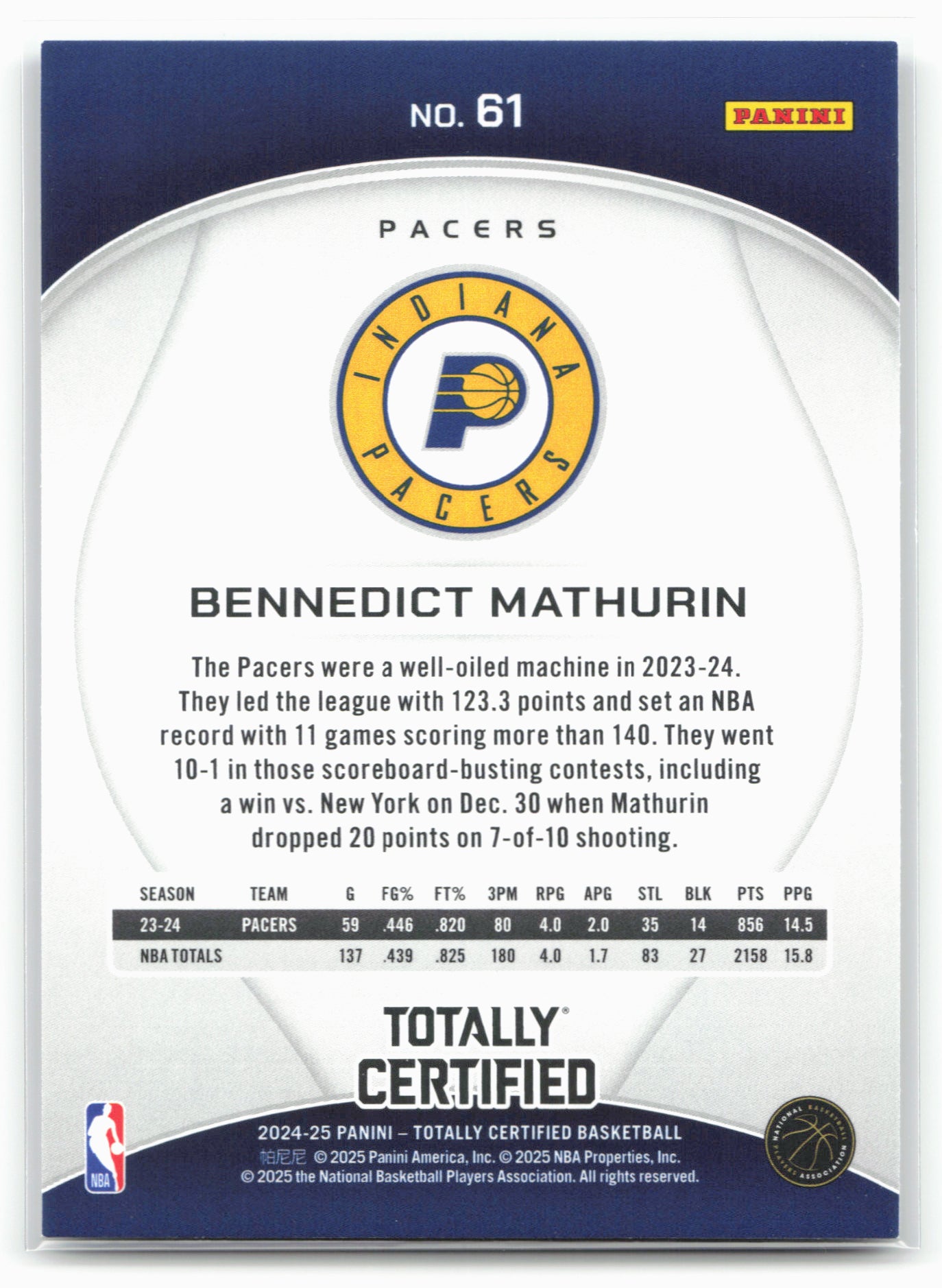 2024-25 Panini Totally Certified #61 Bennedict Mathurin 18394