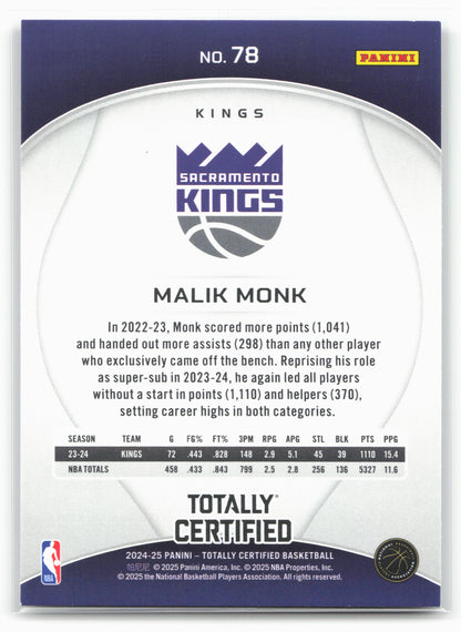 2024-25 Panini Totally Certified #78 Malik Monk 18396