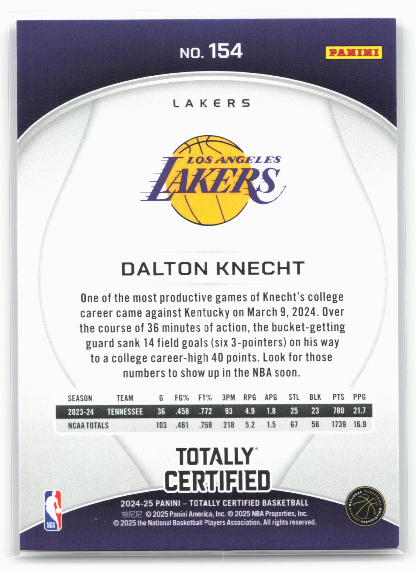 2024-25 Panini Totally Certified #154 Dalton Knecht 18397