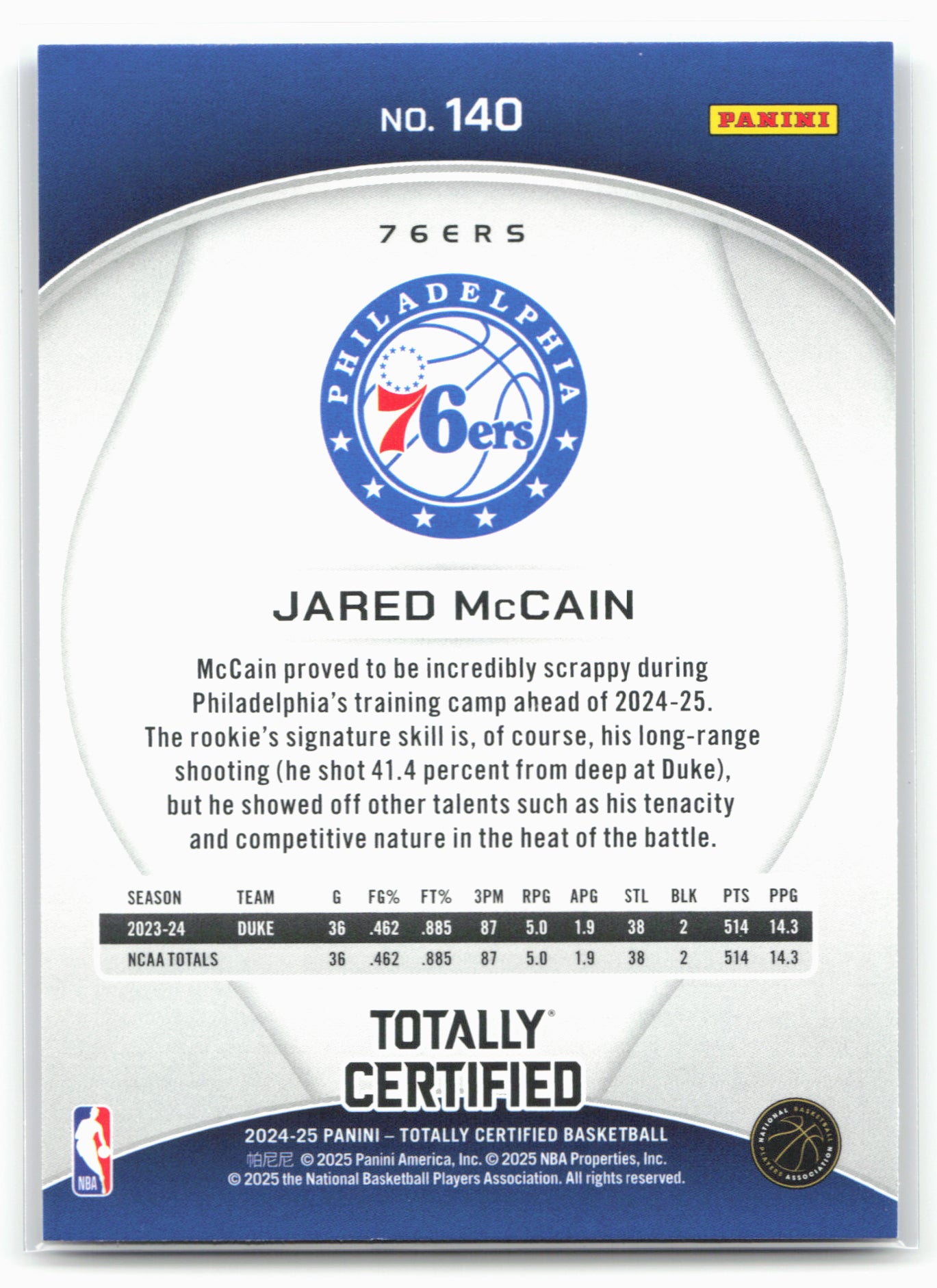 2024-25 Panini Totally Certified #140 Jared McCain 18402