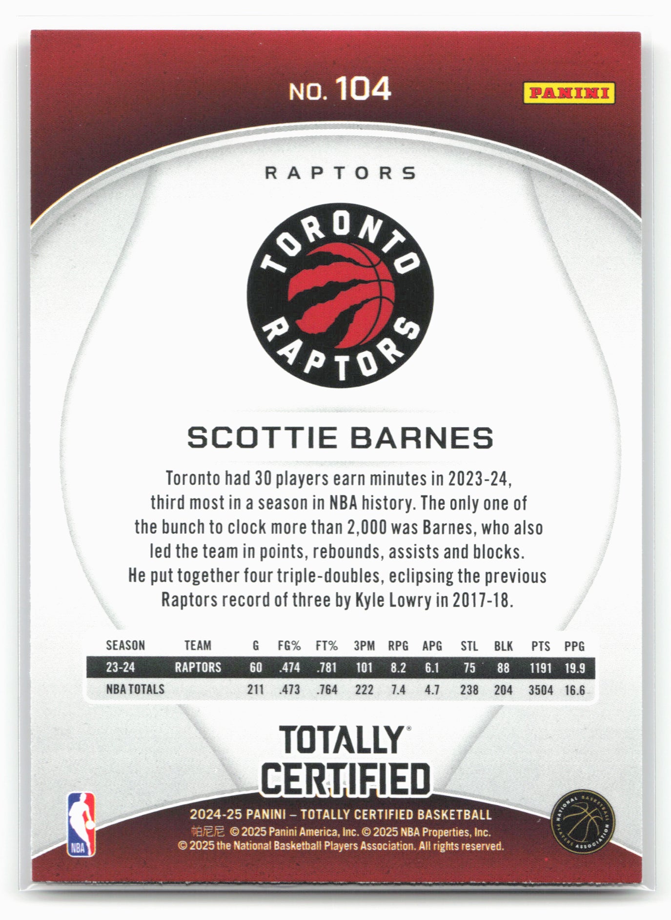 2024-25 Panini Totally Certified #104 Scottie Barnes 18403