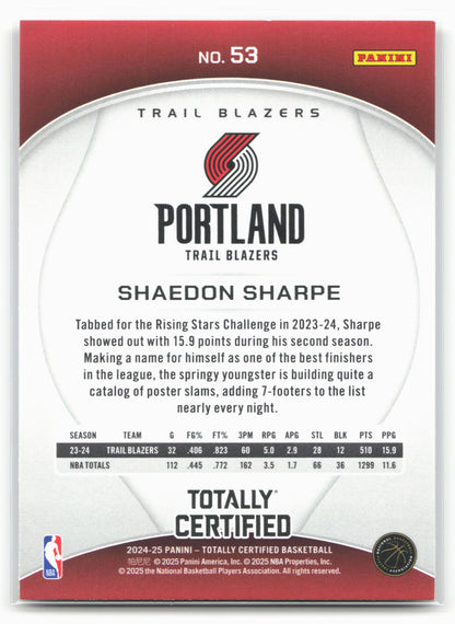 2024-25 Panini Totally Certified #53 Shaedon Sharpe 18404