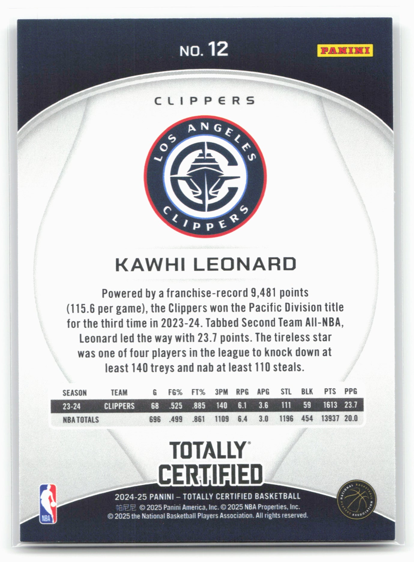 2024-25 Panini Totally Certified #12 Kawhi Leonard 18405