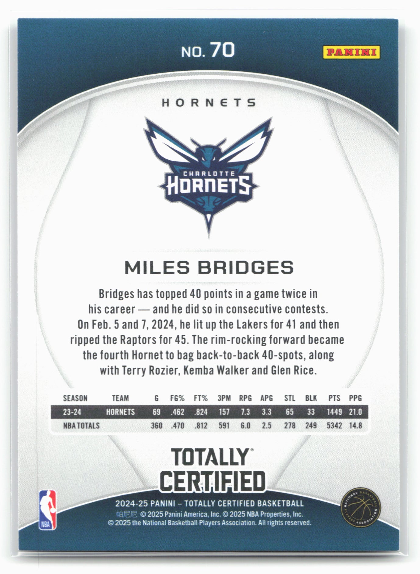 2024-25 Panini Totally Certified #70 Miles Bridges 18406