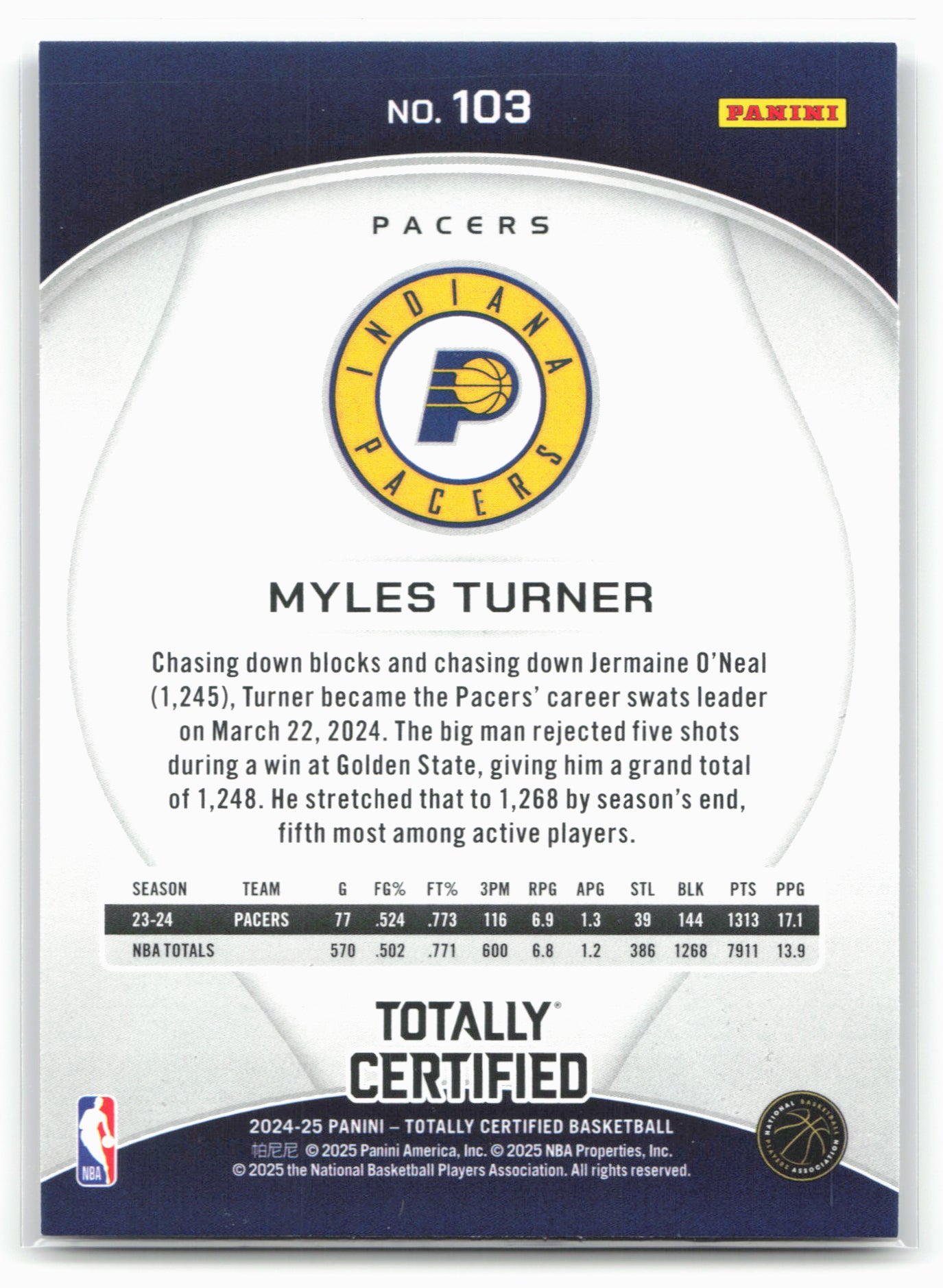 2024-25 Panini Totally Certified #103 Myles Turner 18411