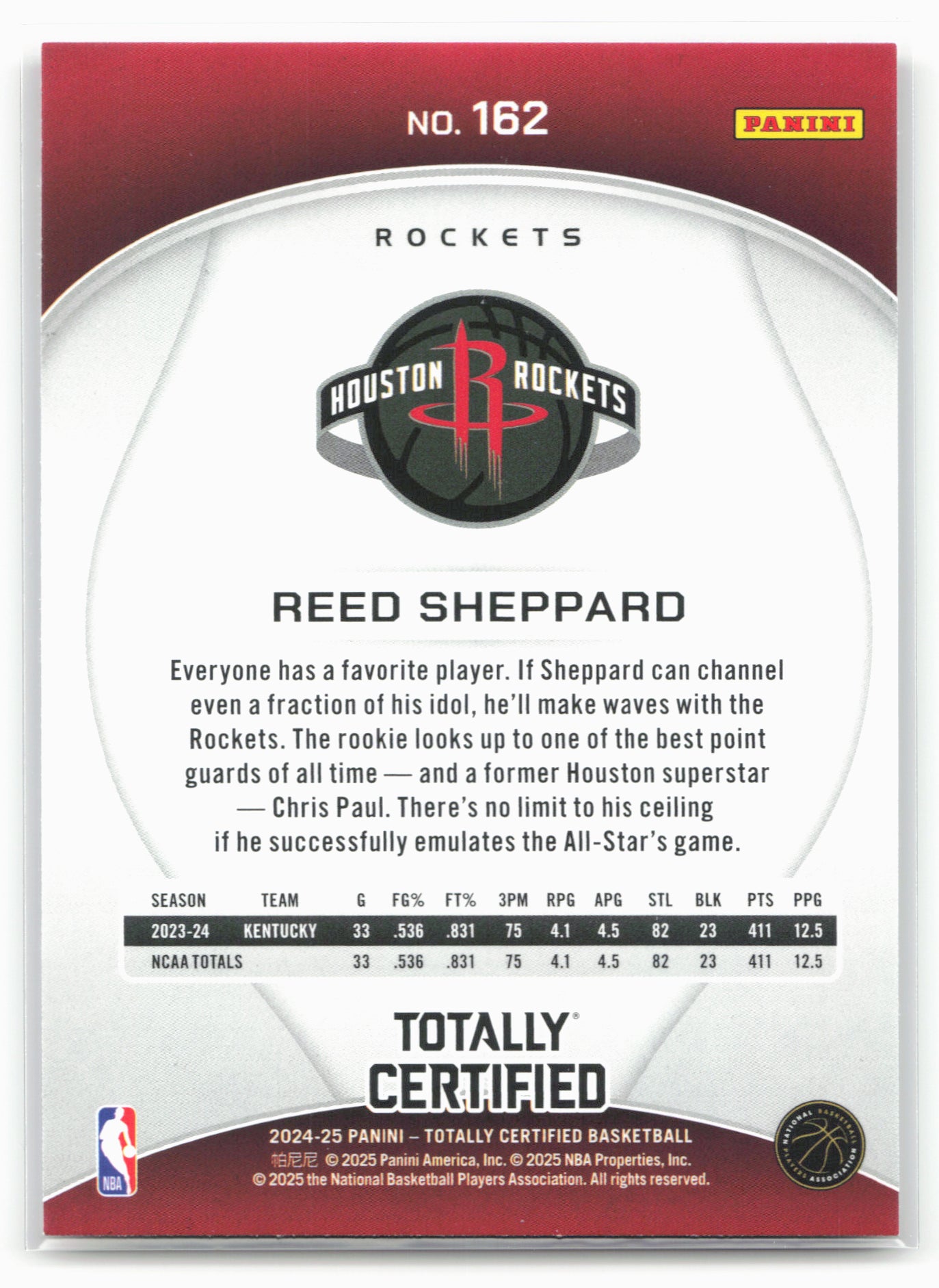 2024-25 Panini Totally Certified #162 Reed Sheppard 18412
