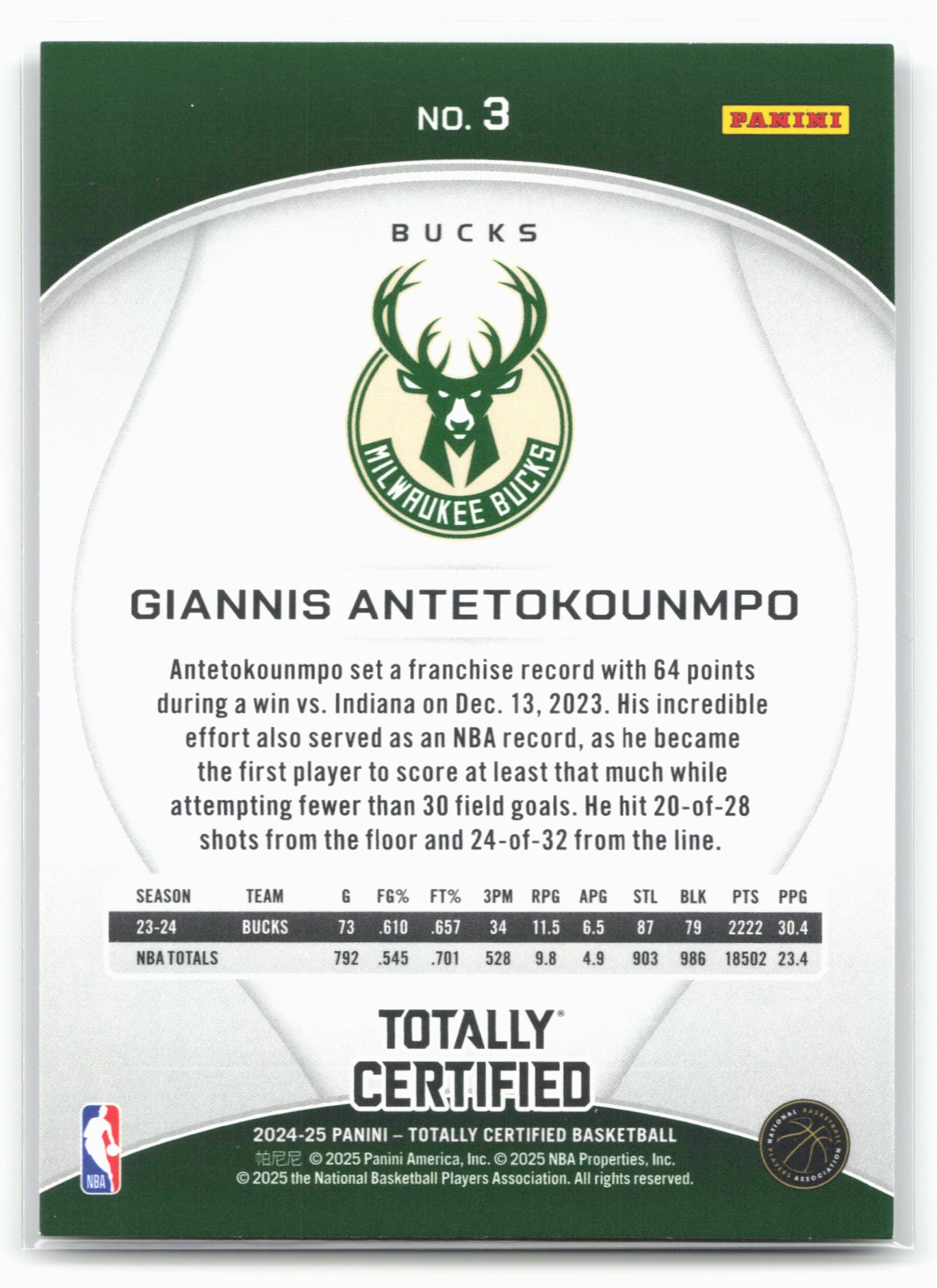 2024-25 Panini Totally Certified #3 Giannis Antetokounmpo 18413