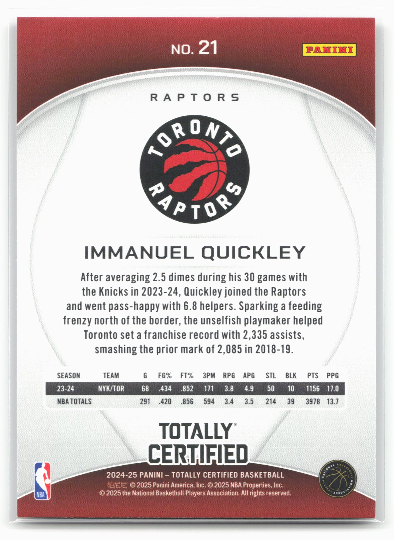 2024-25 Panini Totally Certified #21 Immanuel Quickley 18415