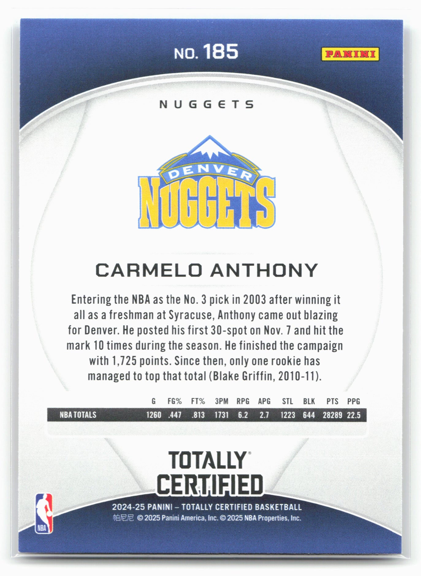 2024-25 Panini Totally Certified #185 Carmelo Anthony Mirror Maroon 18423