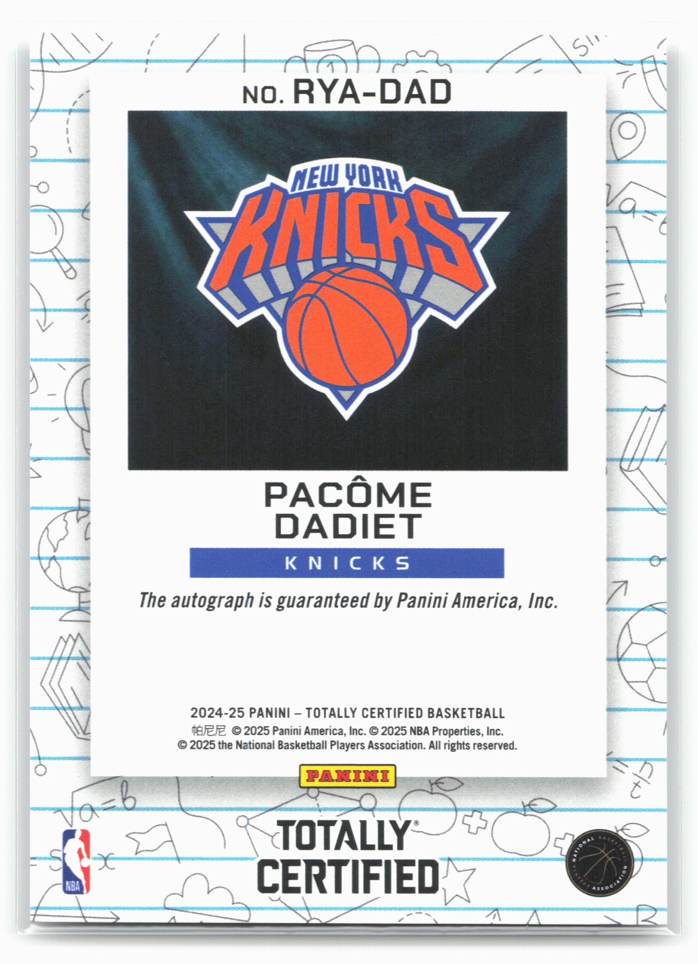 2024-25 Panini Totally Certified #RYA-DAD Pacome Dadiet Yearbook Autographs