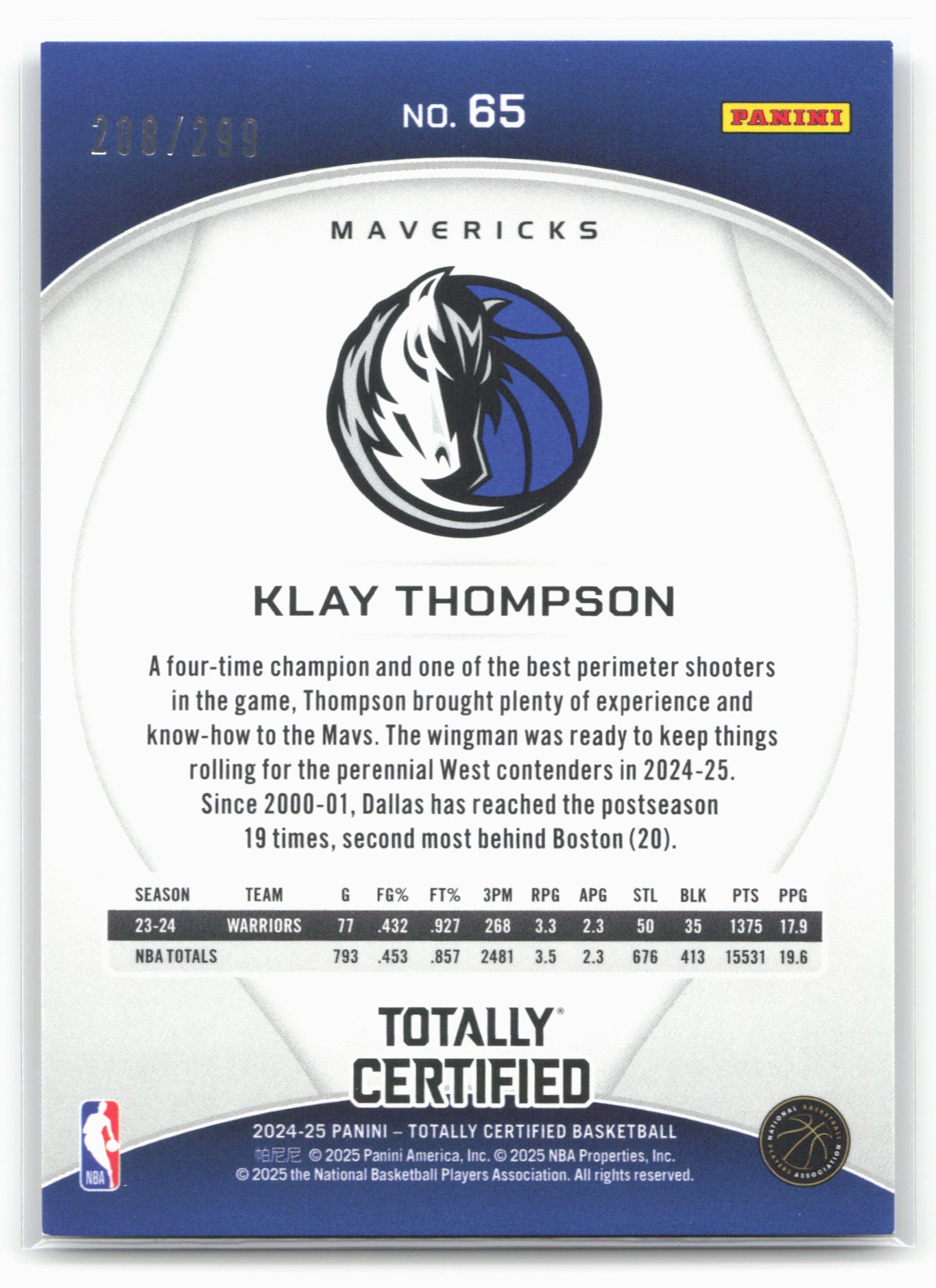 2024-25 Panini Totally Certified #65 Klay Thompson Mirror Neon Orange 18426