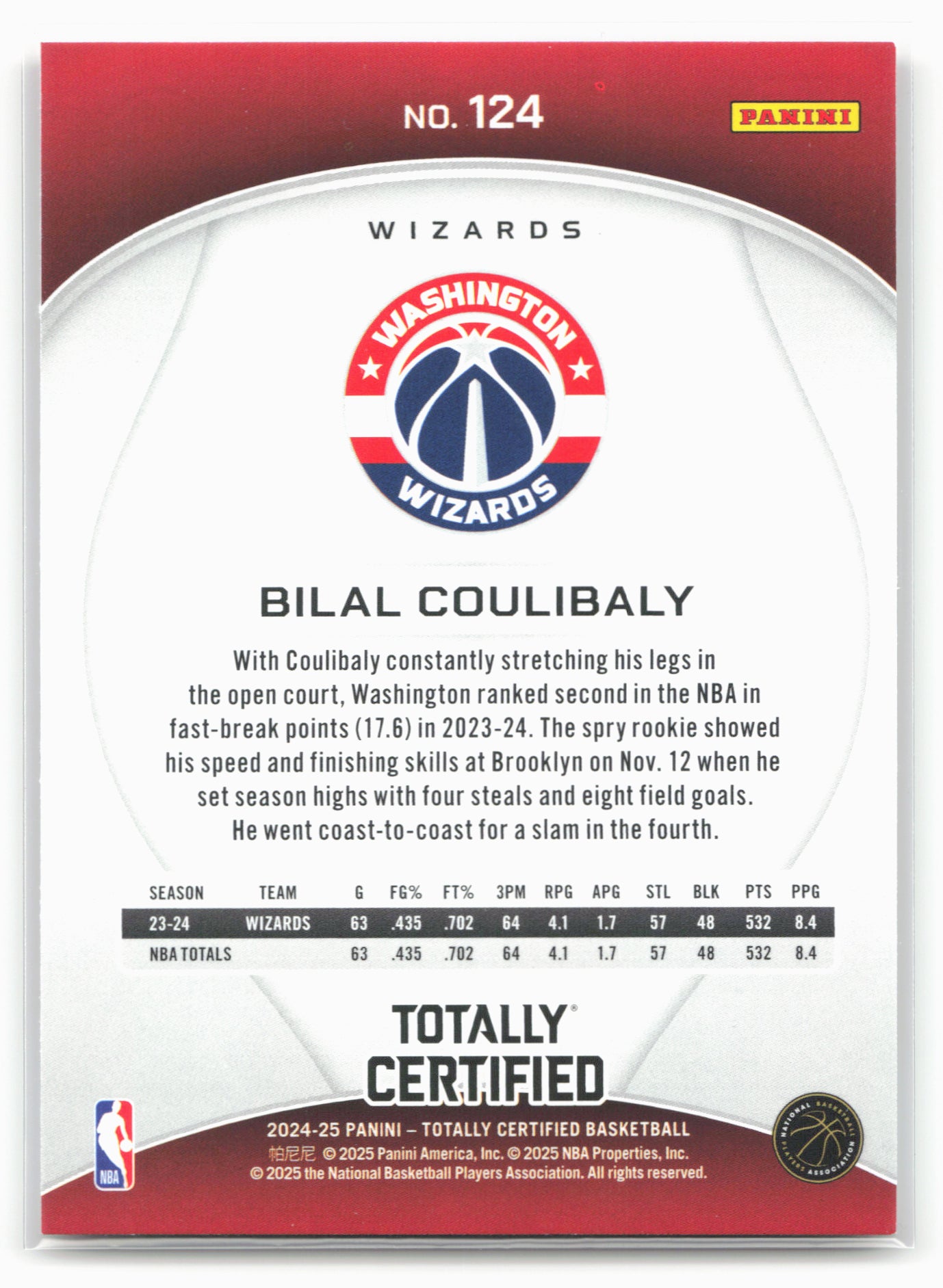 2024-25 Panini Totally Certified #124 Bilal Coulibaly Mirror Maroon 18428
