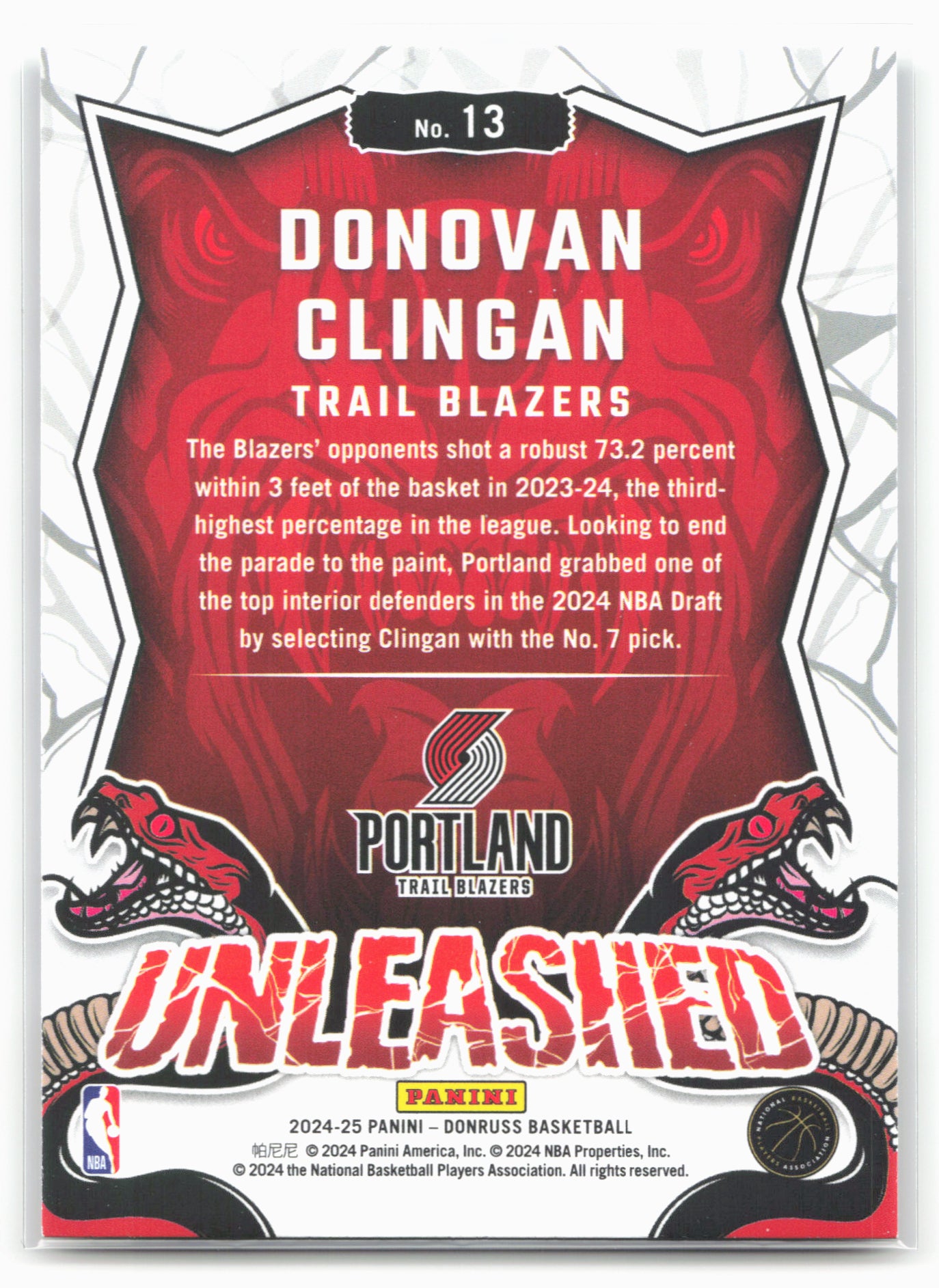 2024-25 Donruss #13 Donovan Clingan Unleashed Press Proof