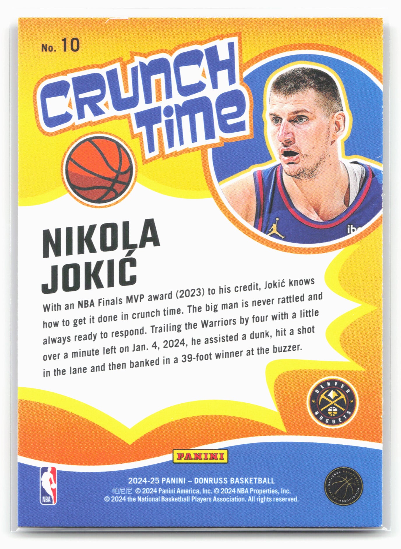 2024-25 Donruss #10 Nikola Jokic Crunch Time Press Proof Purple