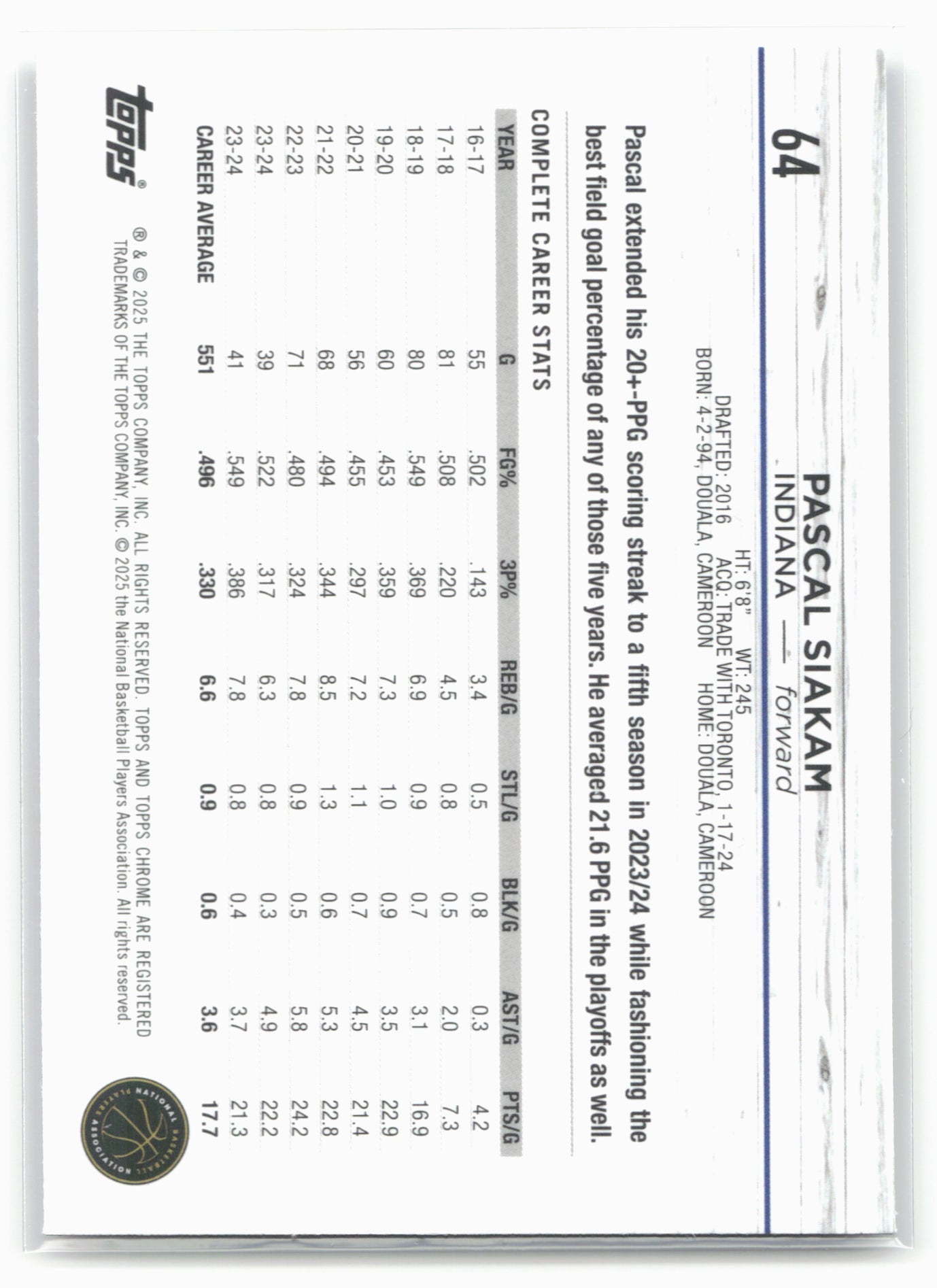 2024-25 Topps Chrome #64 Pascal Siakam Blue Basketball Refractor