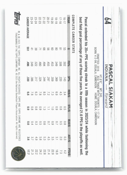 2024-25 Topps Chrome #64 Pascal Siakam Blue Basketball Refractor
