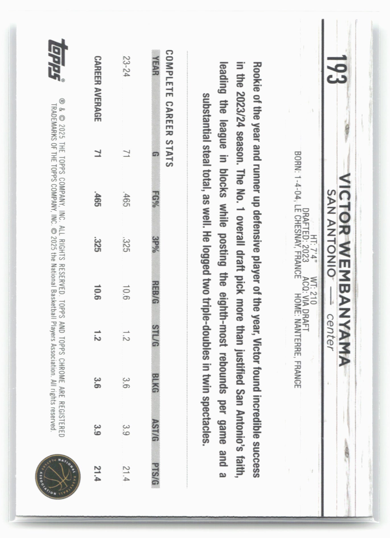 2024-25 Topps Chrome #193 Victor Wembanyama 18506