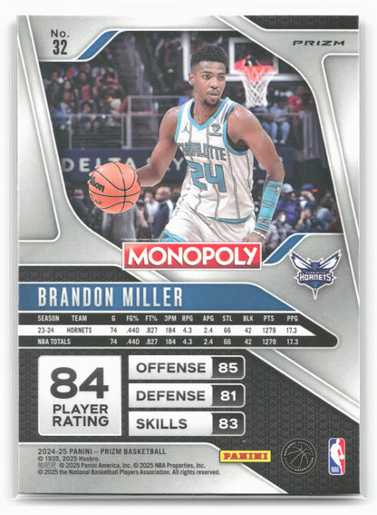 2024-25 Panini Prizm Monopoly #32 Brandon Miller Red Prizms