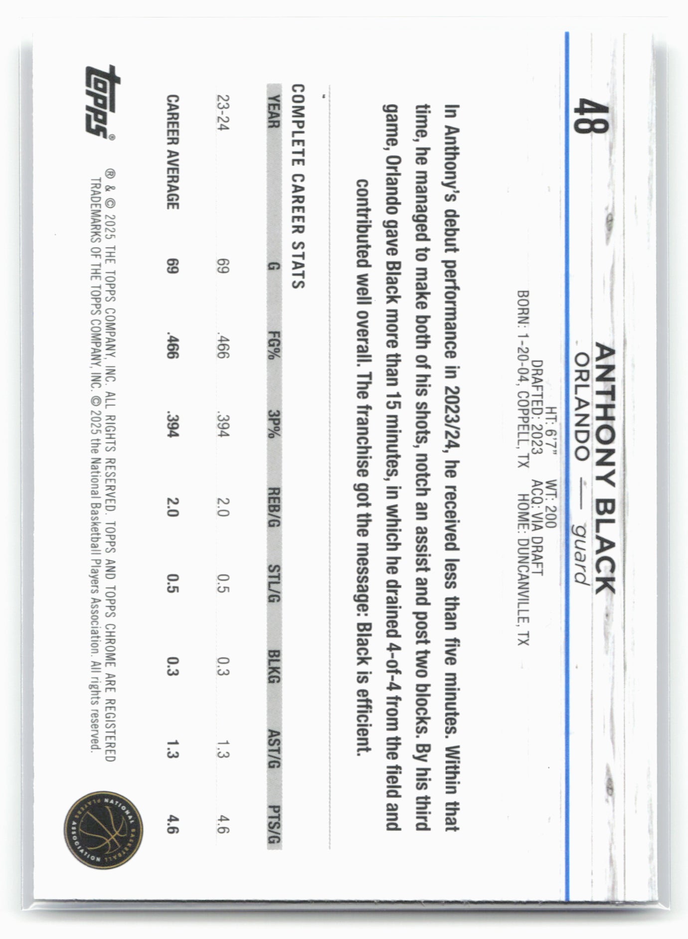 2024-25 Topps Chrome #48 Anthony Black Blue Refractor 19218