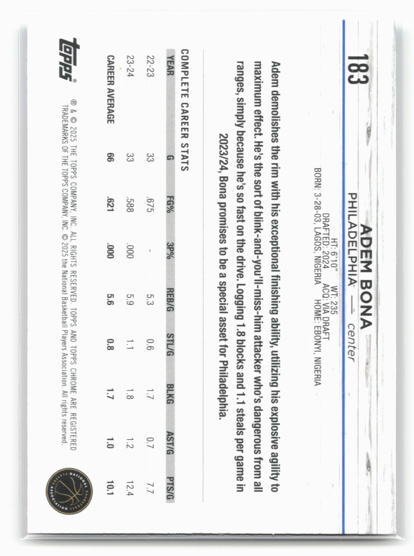 2024-25 Topps Chrome #183 Adem Bona Magenta Speckle Refractor 19219