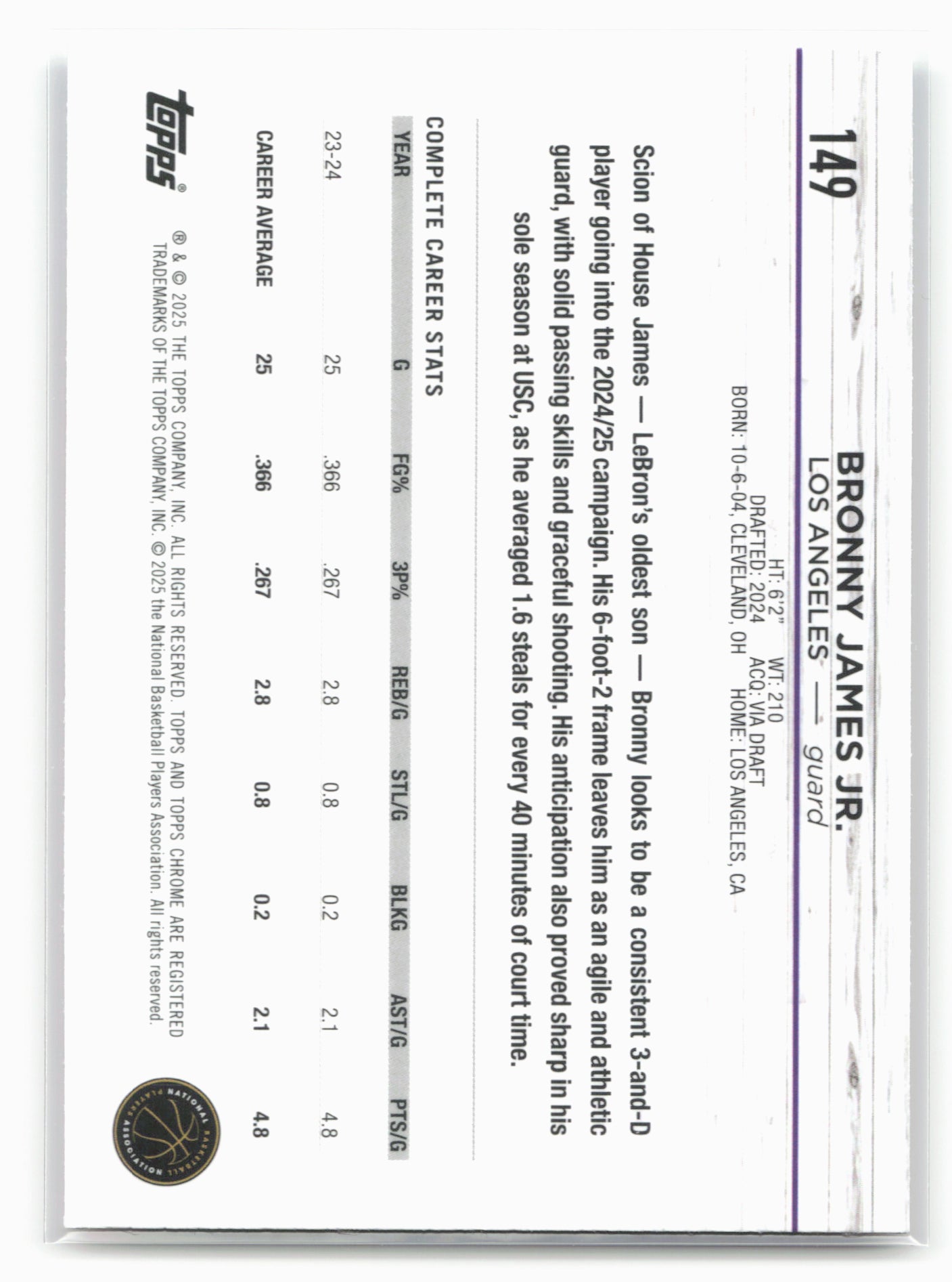 2024-25 Topps Chrome #149 Bronny James Jr. Magenta Speckle Refractor 19225