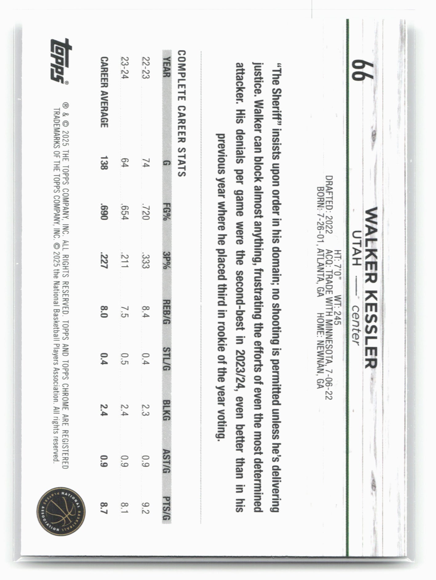 2024-25 Topps Chrome #66 Walker Kessler Negative Refractor 19232