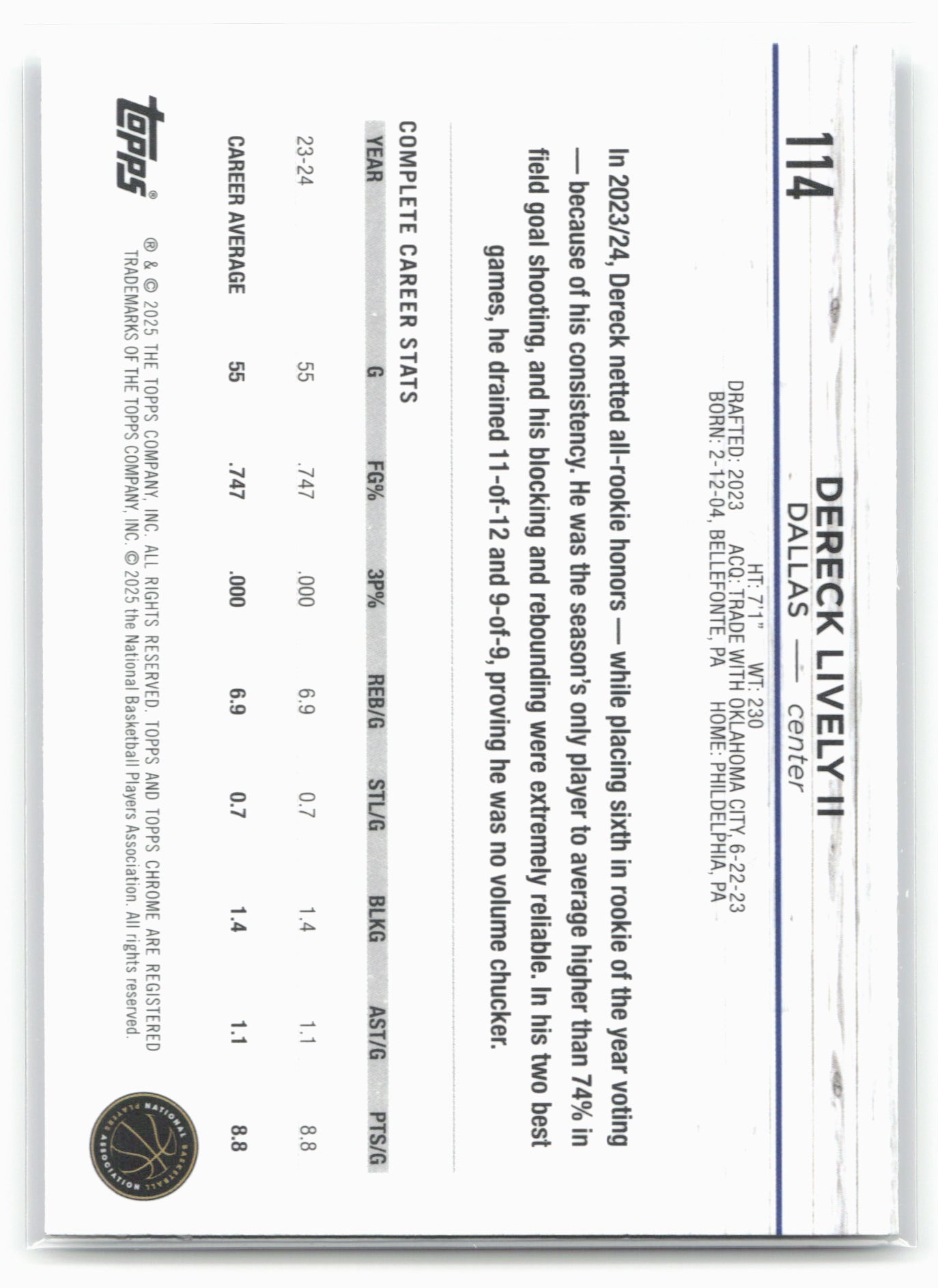 2024-25 Topps Chrome #114 Dereck Lively II Prism Refractor 19234