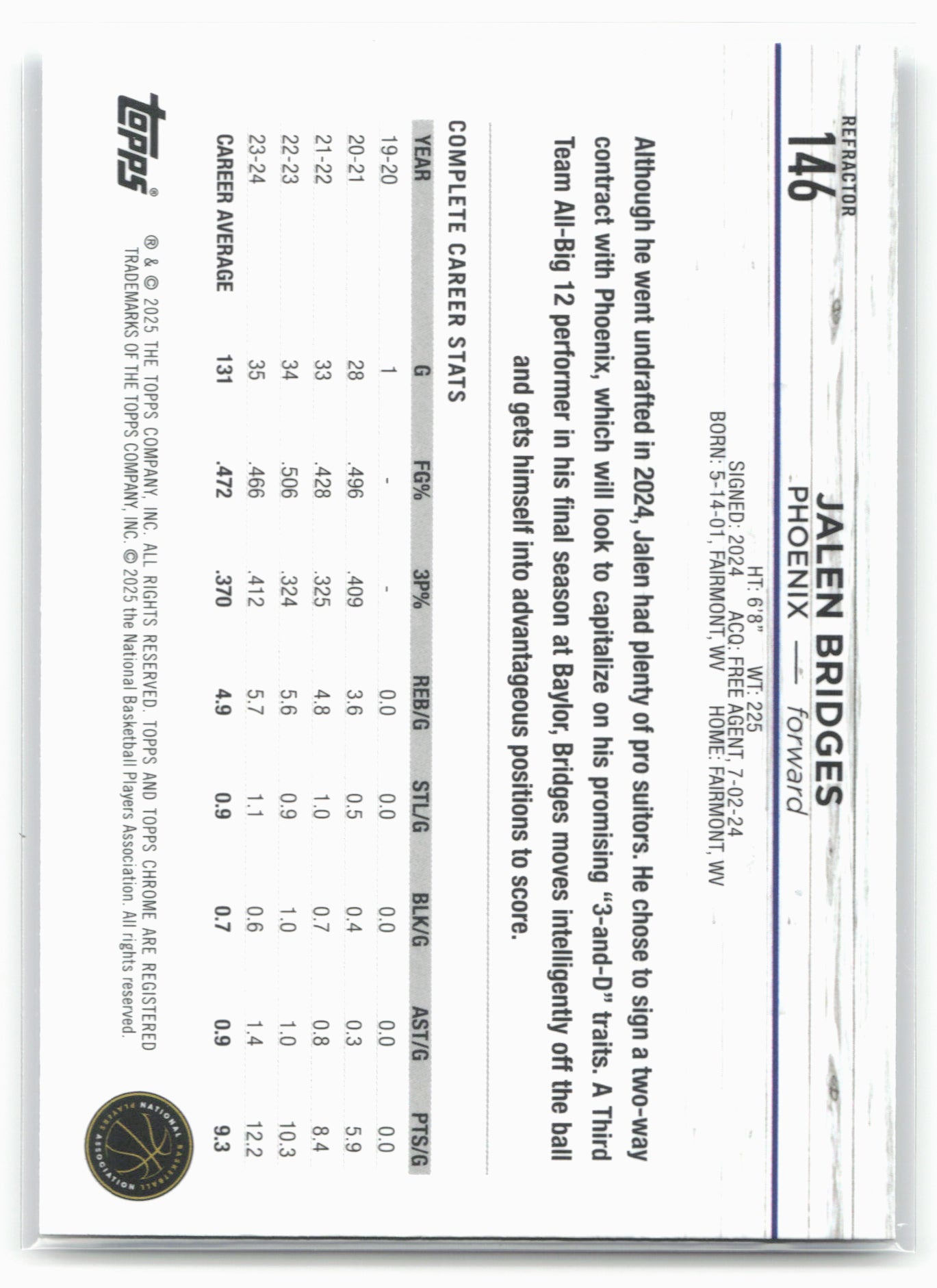 2024-25 Topps Chrome #146 Jalen Bridges Refractor 19235