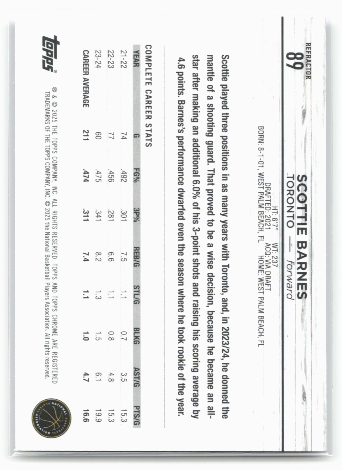 2024-25 Topps Chrome #89 Scottie Barnes Refractor 19236
