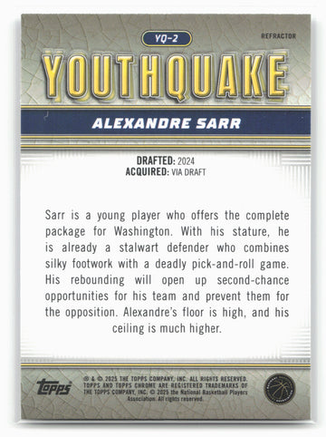 
2024-25 Topps Chrome #YQ-2 Alexandre Sarr YouthQuake Refractor 19237