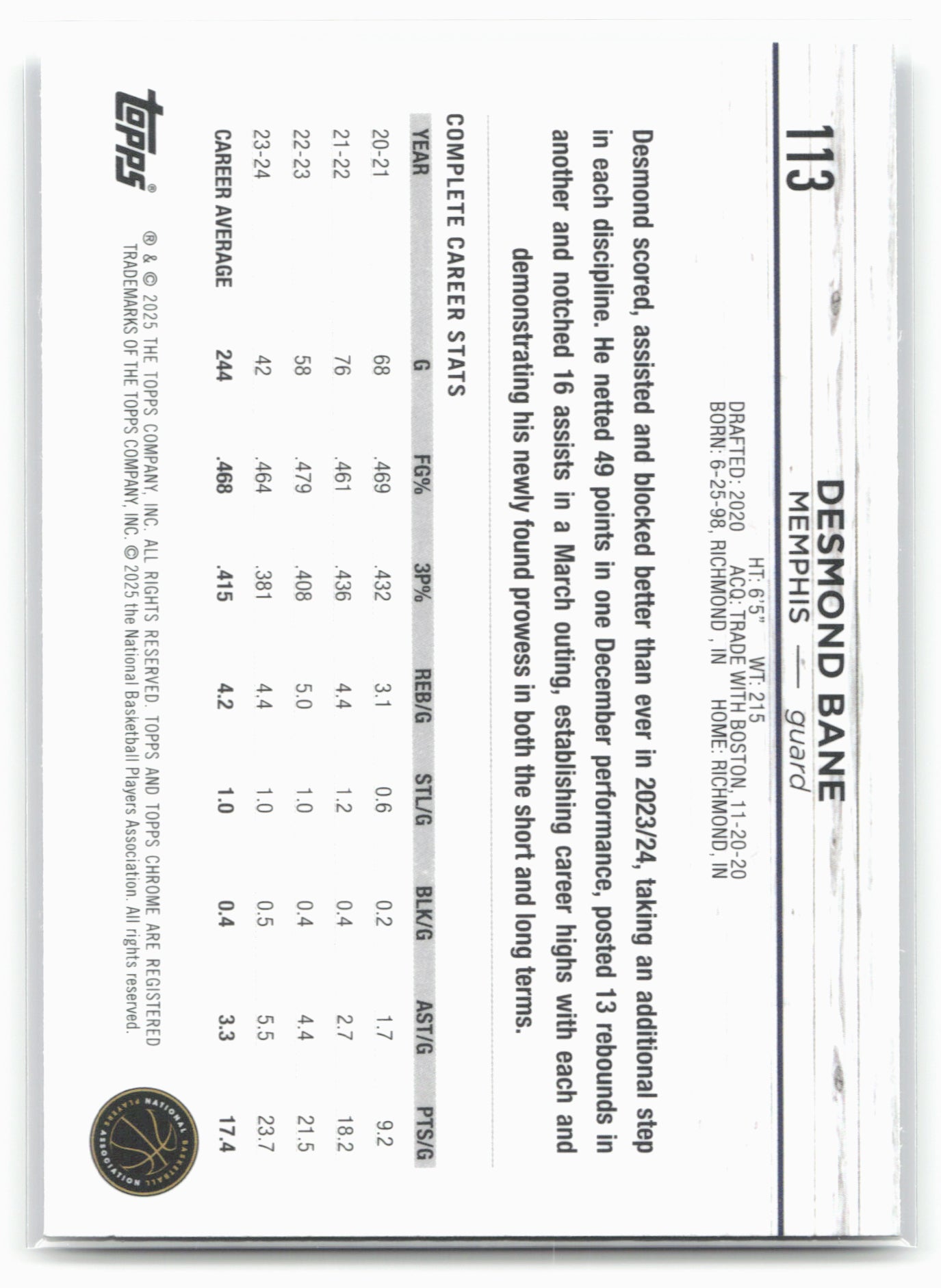 2024-25 Topps Chrome #113 Desmond Bane Prism Refractor 19239