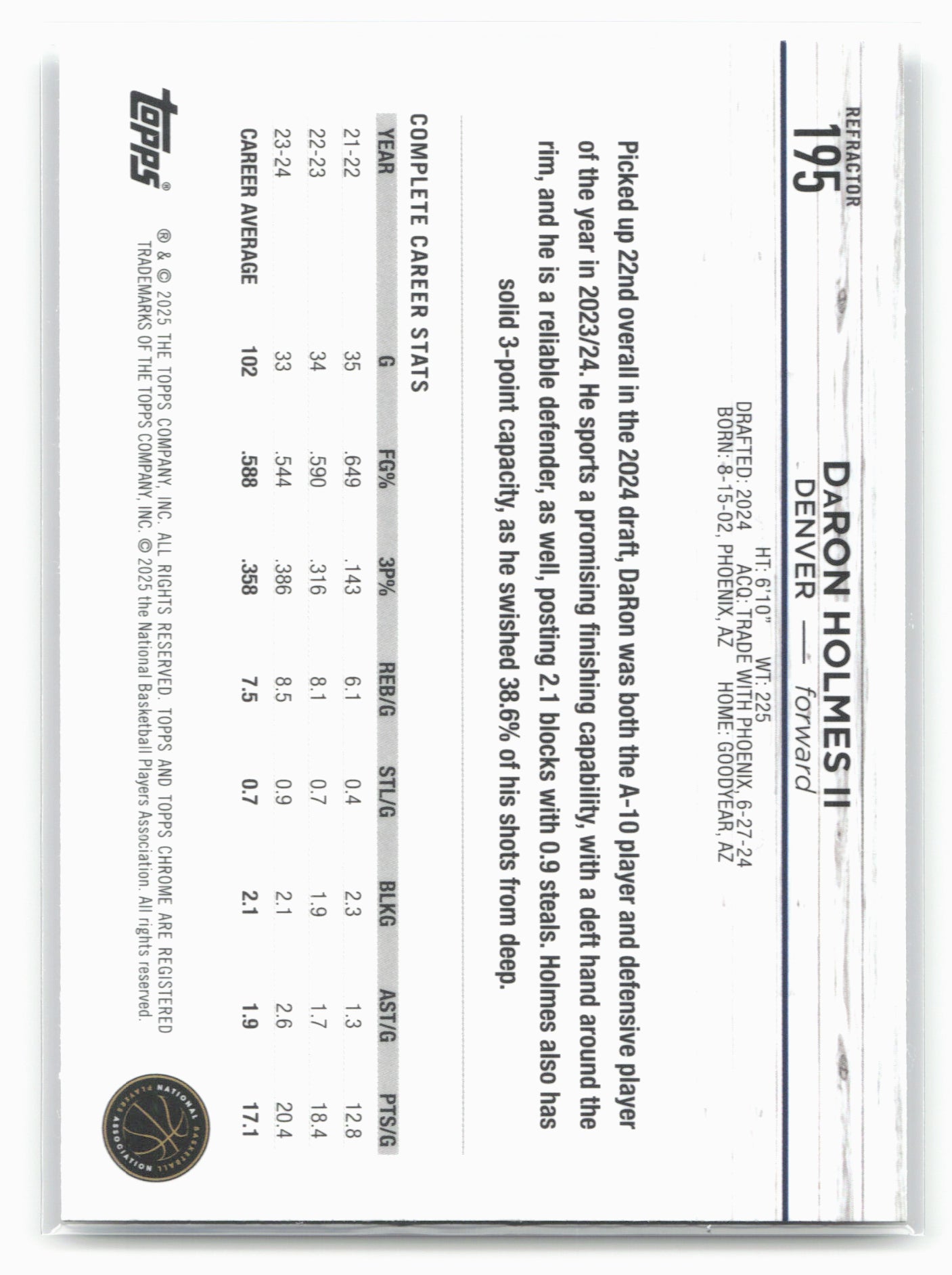 2024-25 Topps Chrome #195 DaRon Holmes II Refractor 19240