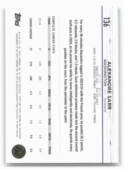 2024-25 Topps Chrome #136 Alexandre Sarr Magenta Refractor 19246